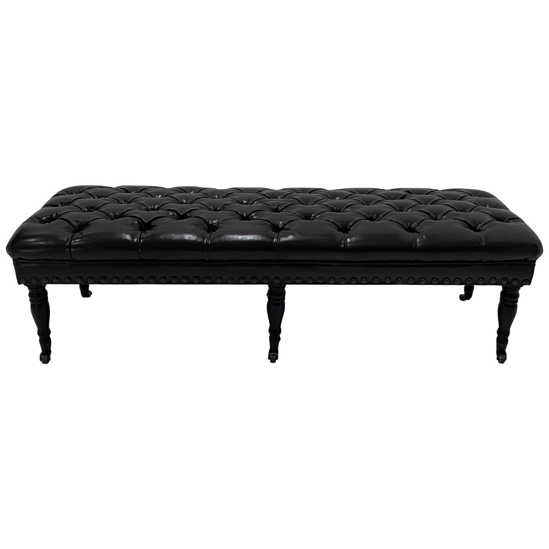 Luxurious Dark Chocolate Brown Leather Tufted Ottoman Bench