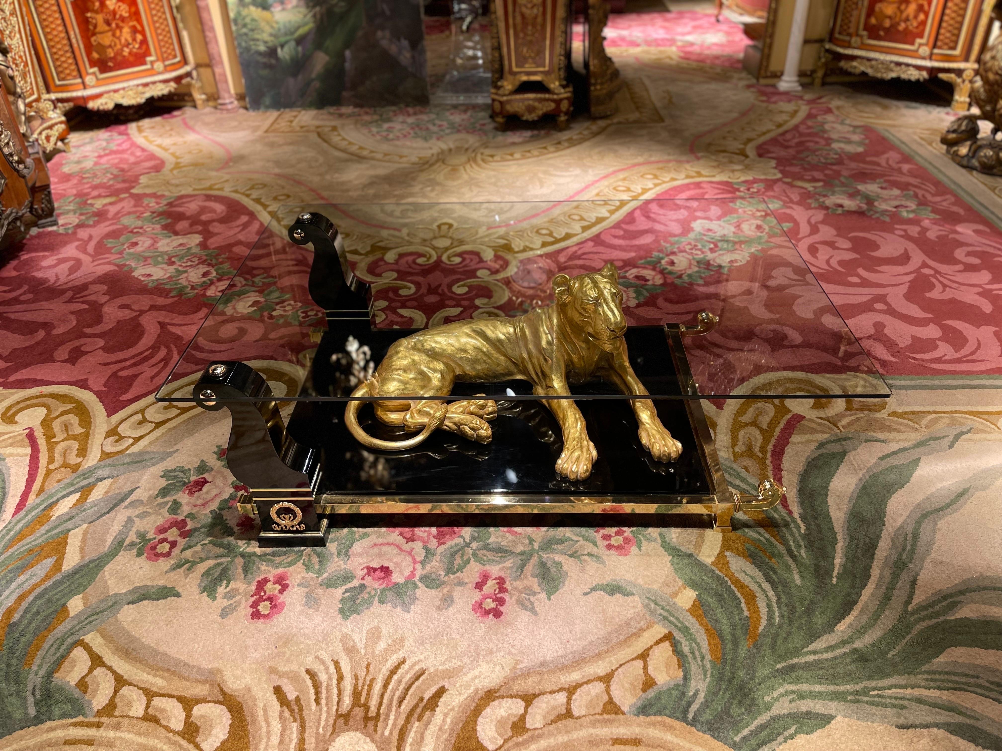 Gold Leaf Luxurious Designer Coffee Table Panther Gold Plated with Piano Black