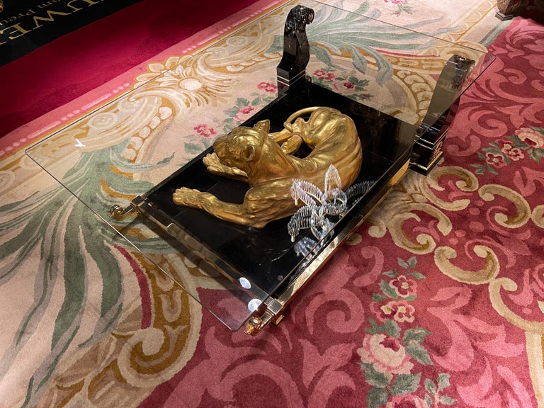 Gold Leaf Luxurious Designer Coffee Table Panther Gold Plated with Piano Black For Sale
