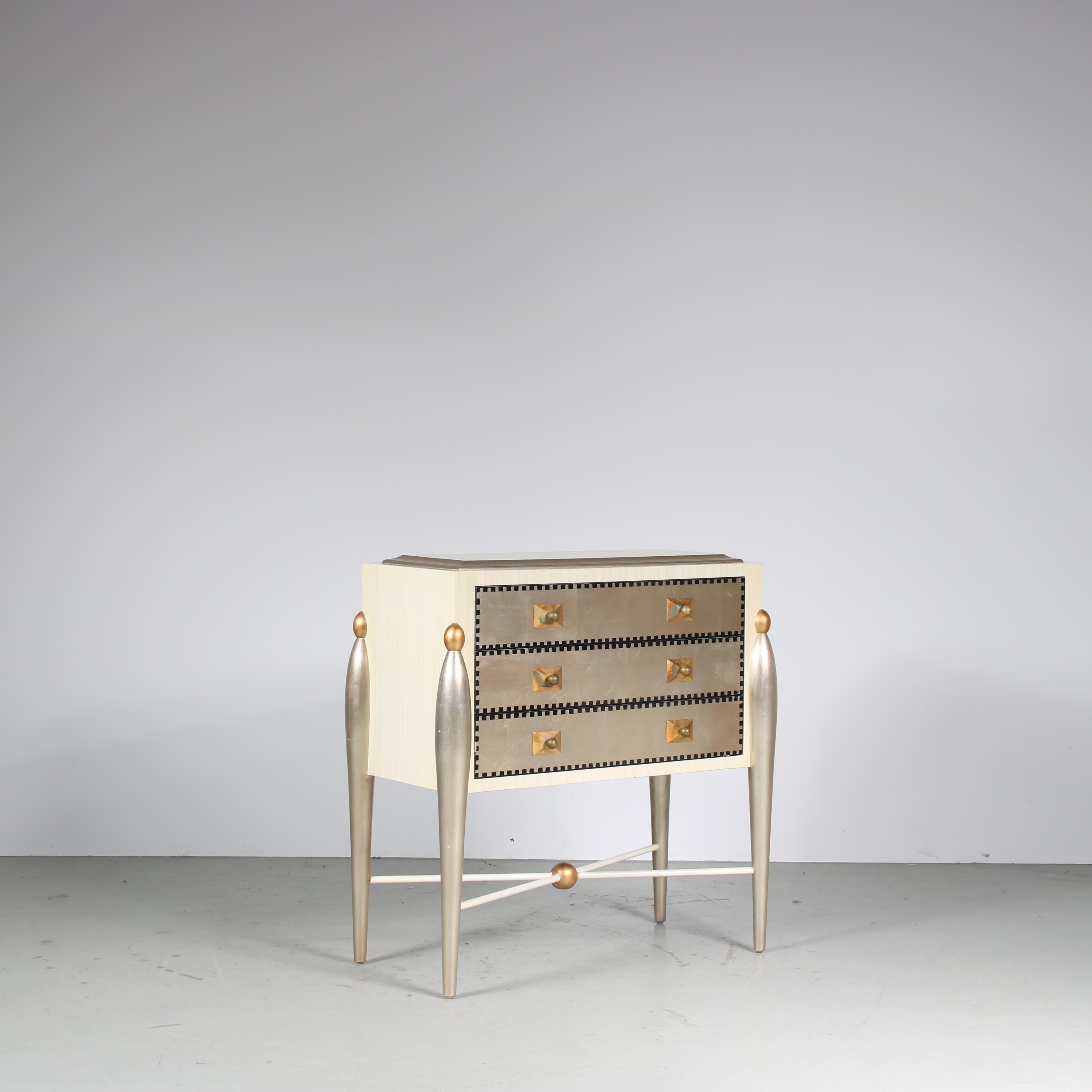 This is a unique drawer cabinet manufactured in Italy around 1970.

The piece is designed with a unique combination of shapes and colours, giving it an eye-catching style that reminds of the Memphis movement that explored the borders of design.