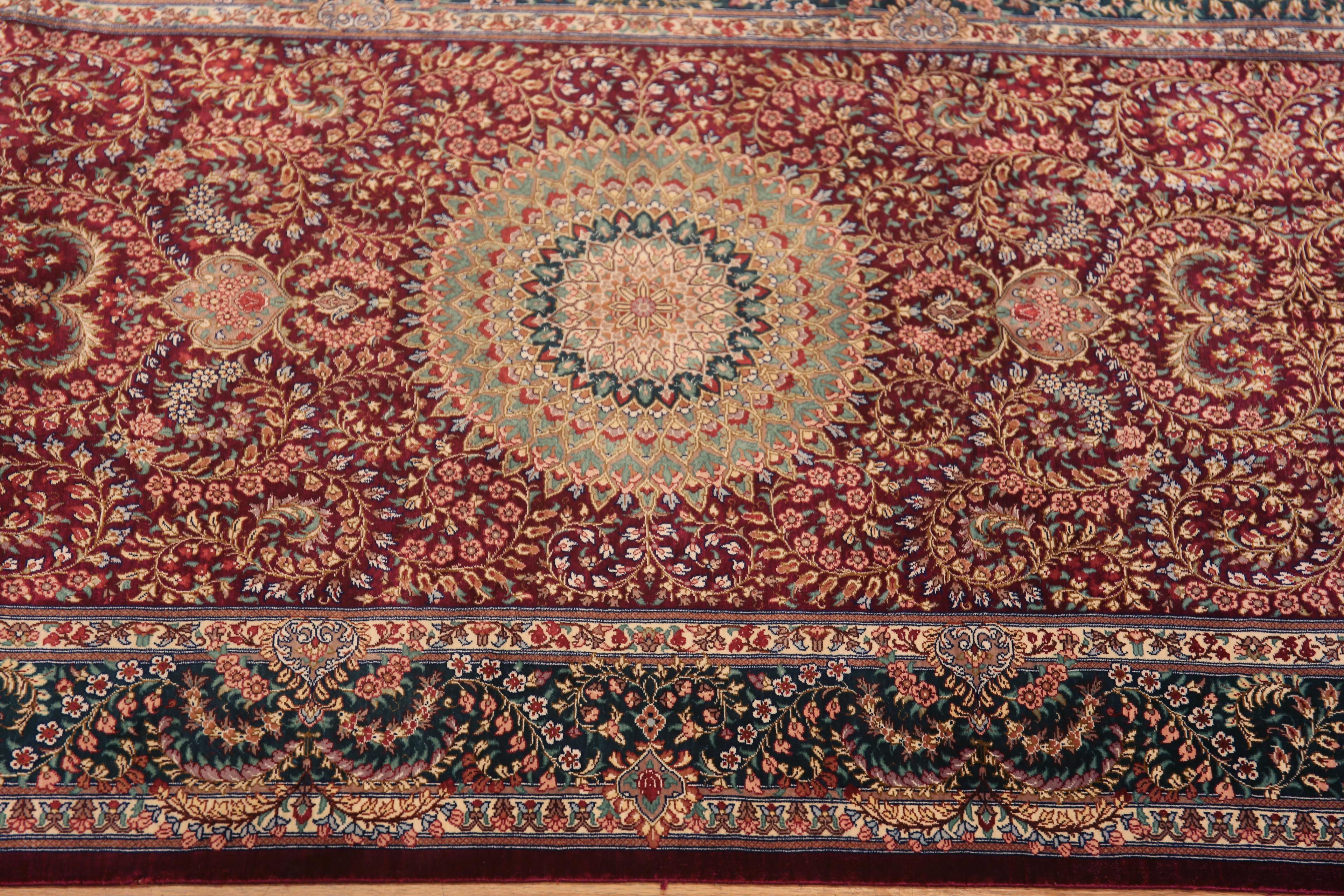 Breathtaking Luxurious Fine Floral Vintage Persian Silk Qum Hallway Runner Rug, country of origin: Persian Rugs, Circa date: Vintage