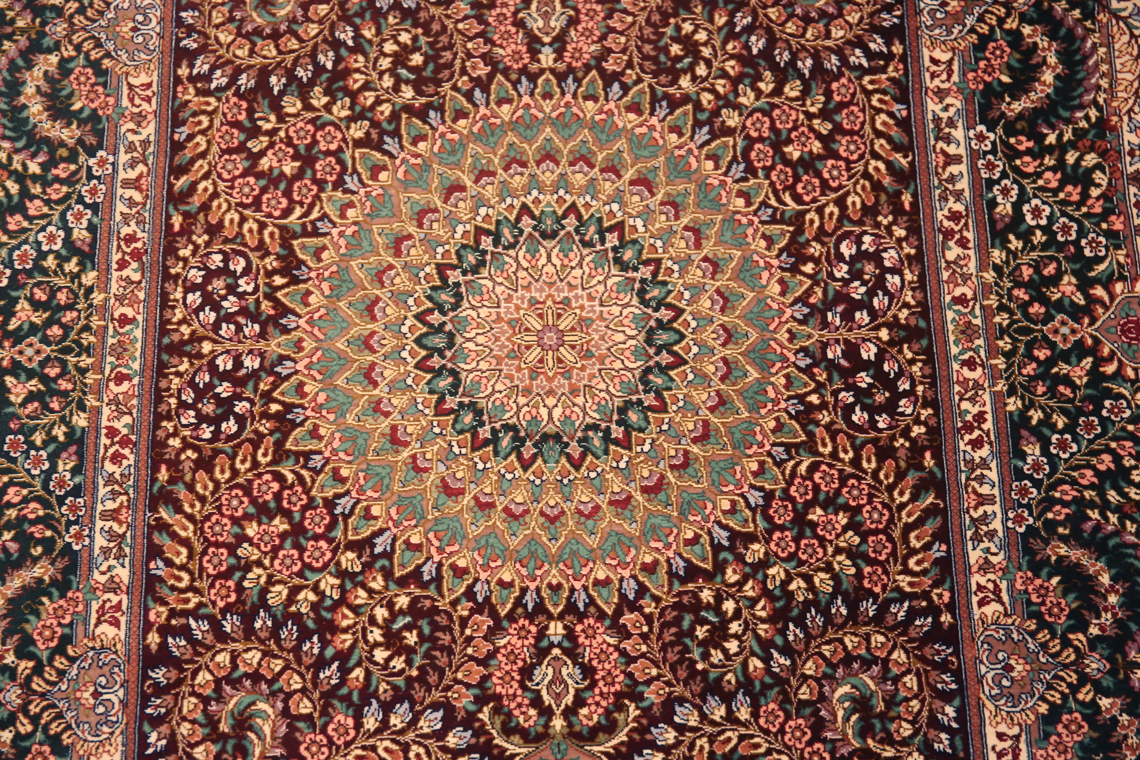 Hand-Knotted Luxurious Fine Floral Vintage Persian Silk Qum Hallway Runner Rug 2'8