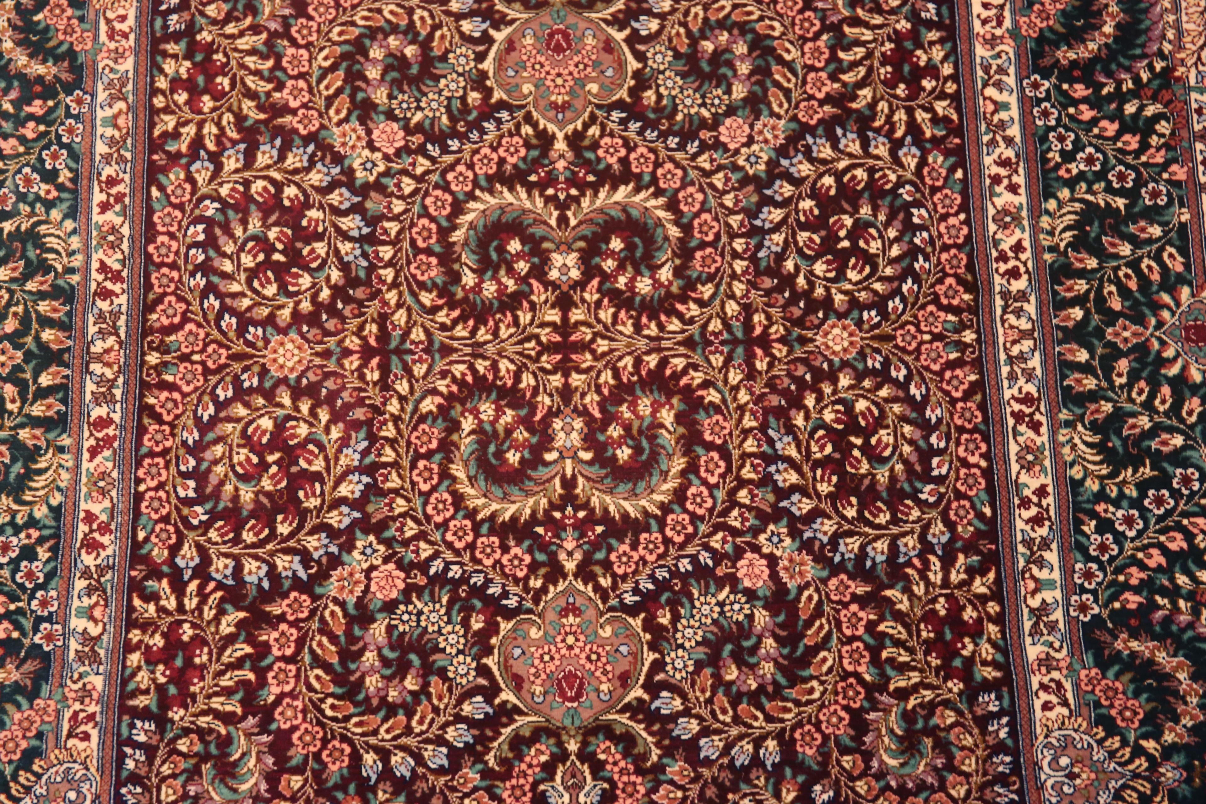 Luxurious Fine Floral Vintage Persian Silk Qum Hallway Runner Rug 2'8
