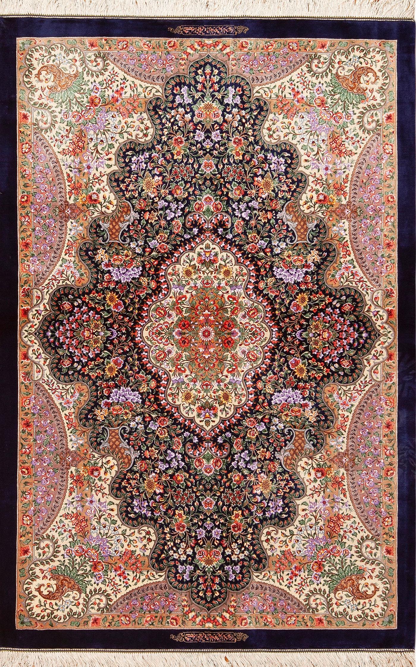 Luxurious Fine Small Size Vintage Floral Persian Silk Qum Rug, country of origin: Persian Rugs, Circa date: Vintage