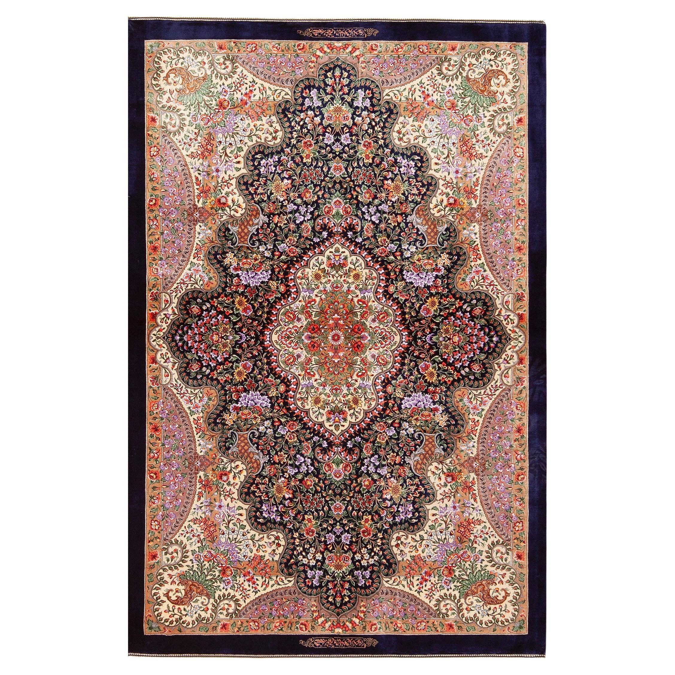 Luxurious Fine Small Size Vintage Floral Persian Silk Qum Rug 3'6" x 5' For Sale