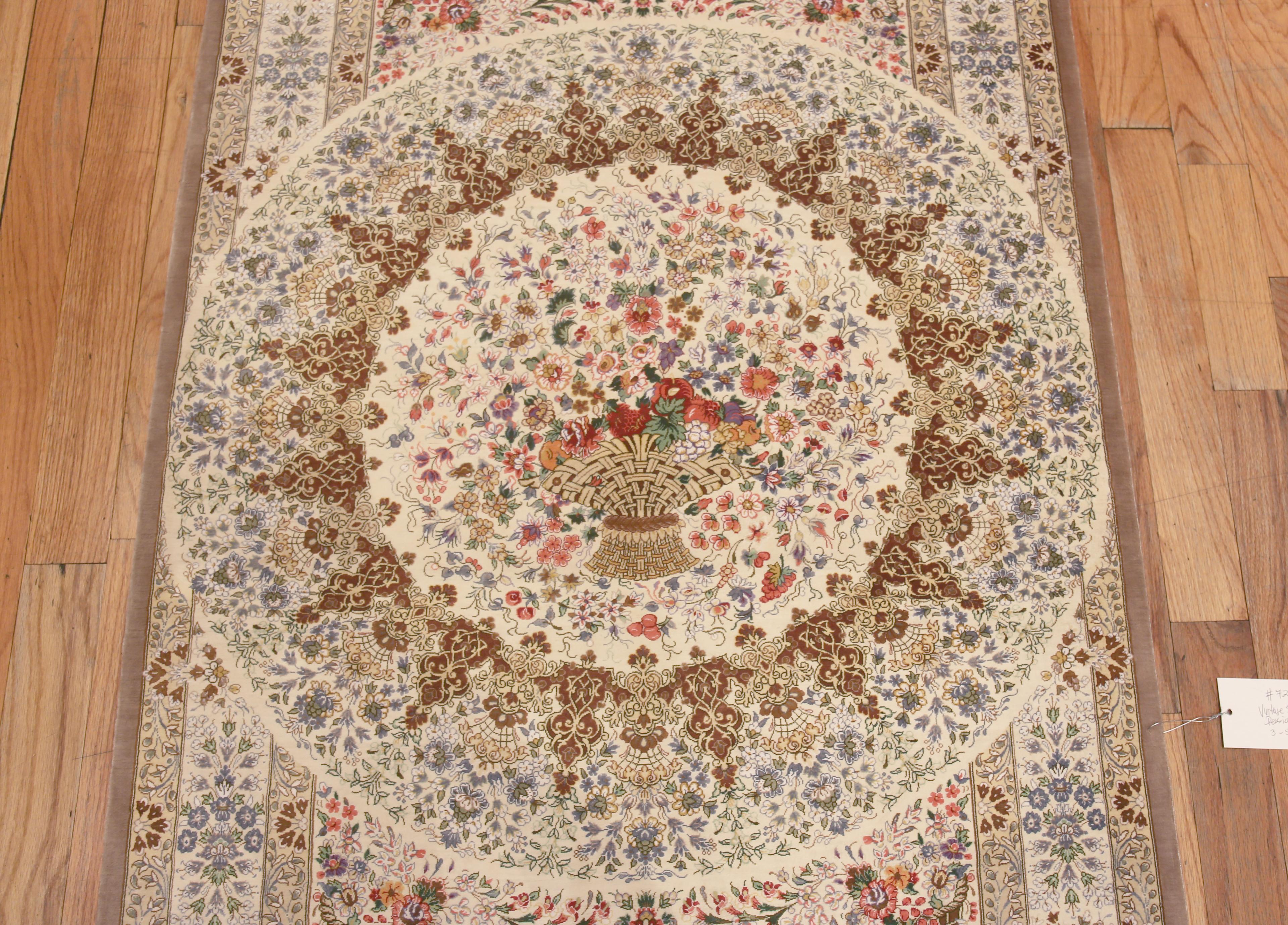 20th Century Luxurious Fine Weave Artistic Floral Vintage Persian Silk Qum Rug 3'5