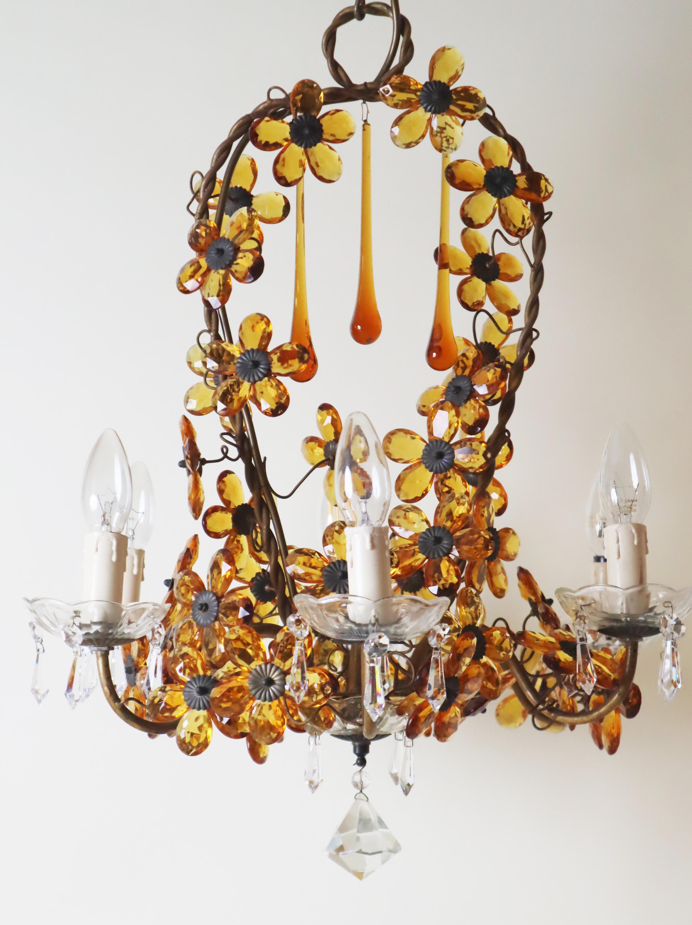 Lussuoso lampadario a cesto di fiori realizzato in  Cristalli color ambra in vendita 3