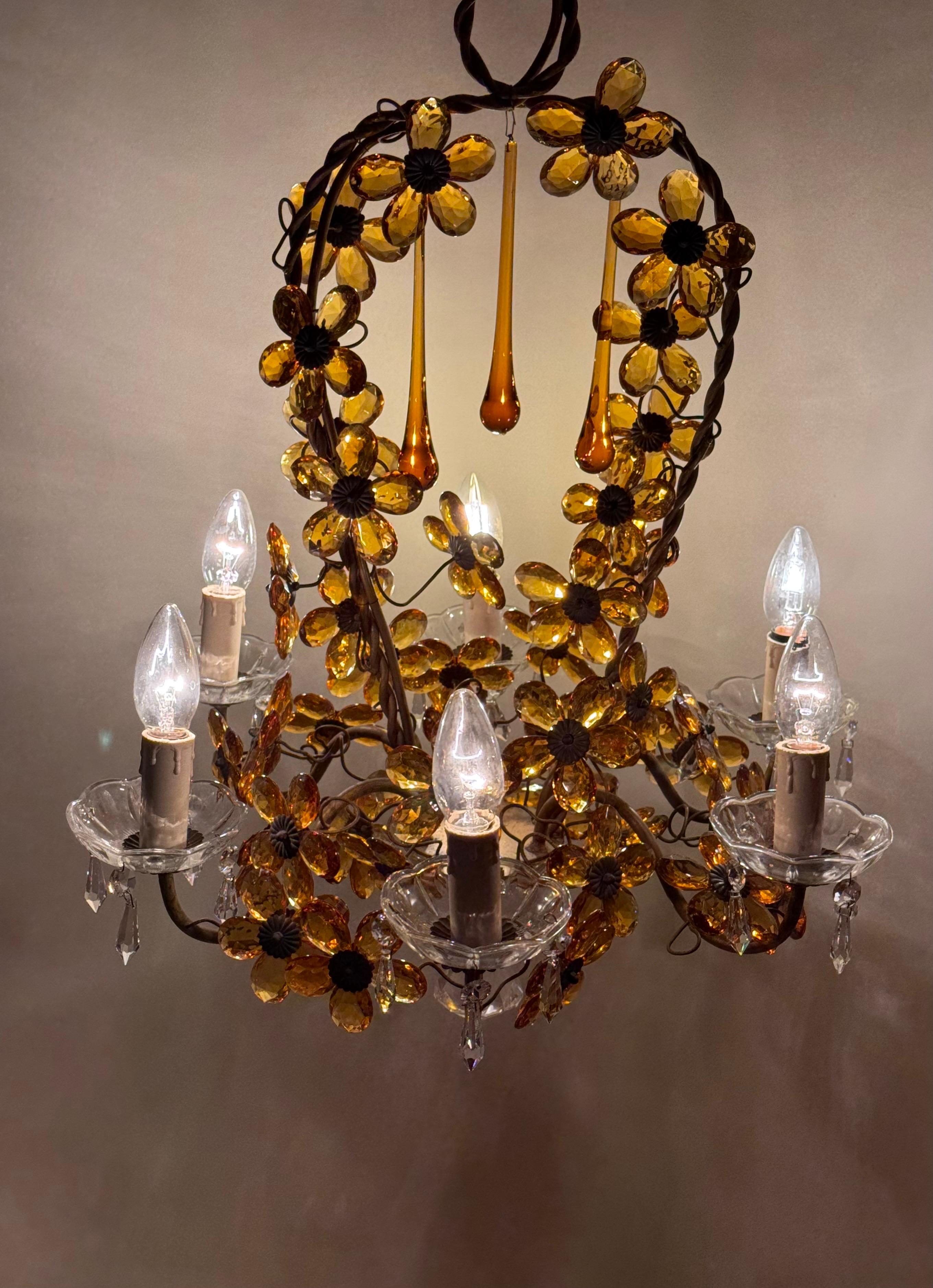 Lussuoso lampadario a cesto di fiori realizzato in  Cristalli color ambra in vendita 9