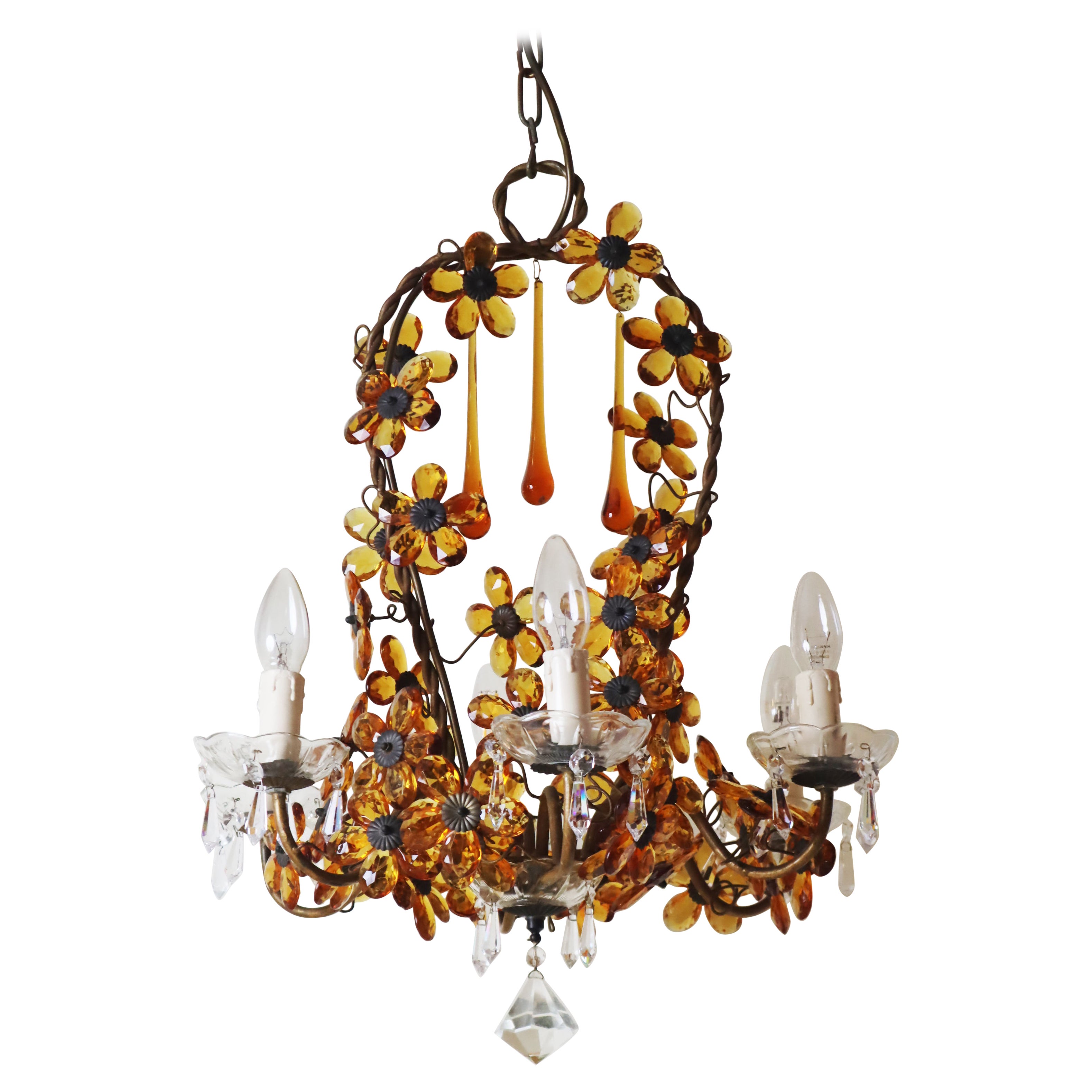 Lussuoso lampadario a cesto di fiori realizzato in  Cristalli color ambra in vendita