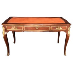 Luxurious French Louis XV Style Walnut and Tooled Leather Bureau Plat Desk