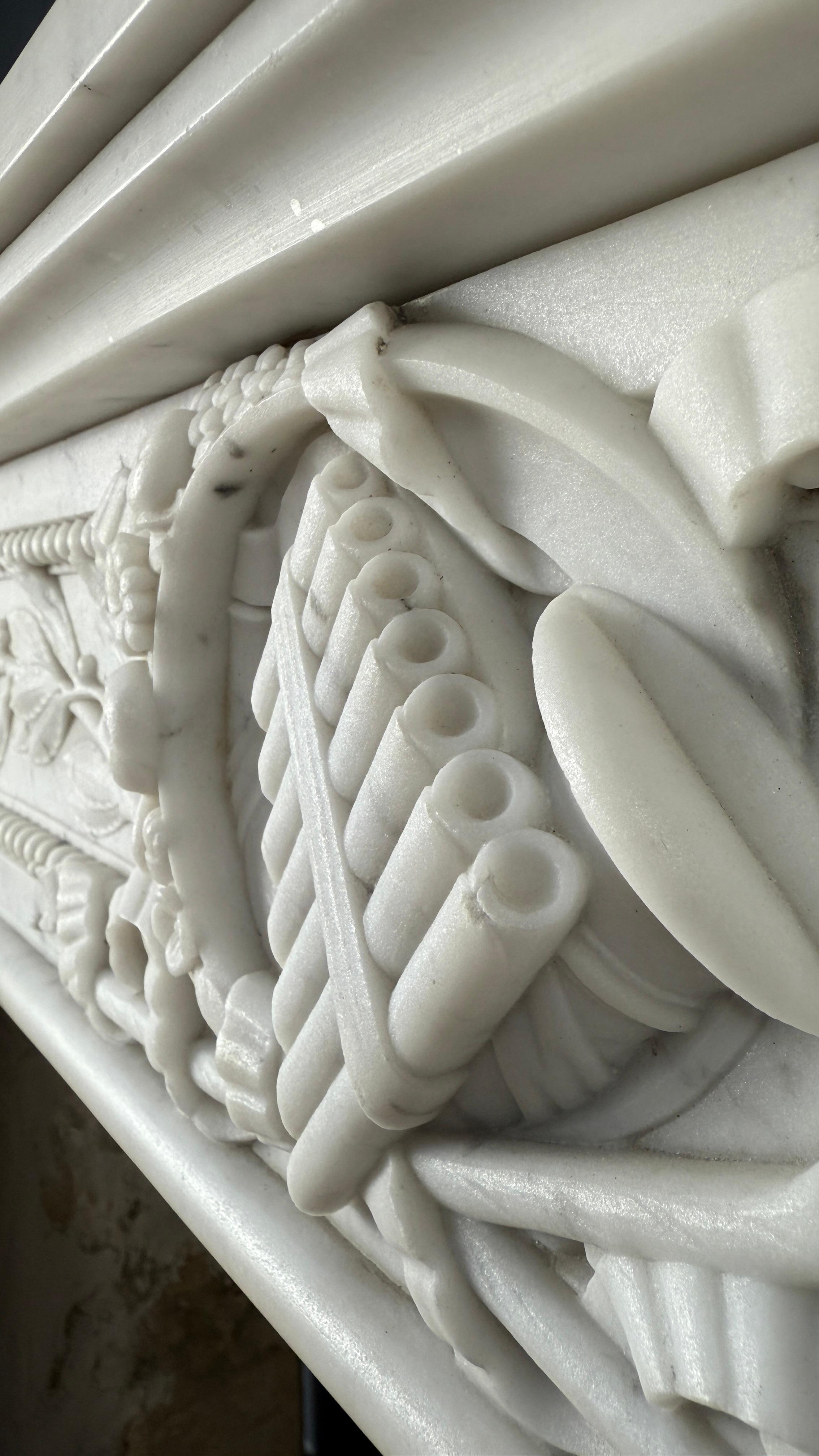 Luxurious French Louis XVI Fireplace Mantel in Carrara Marble with Rich Ornament For Sale 5