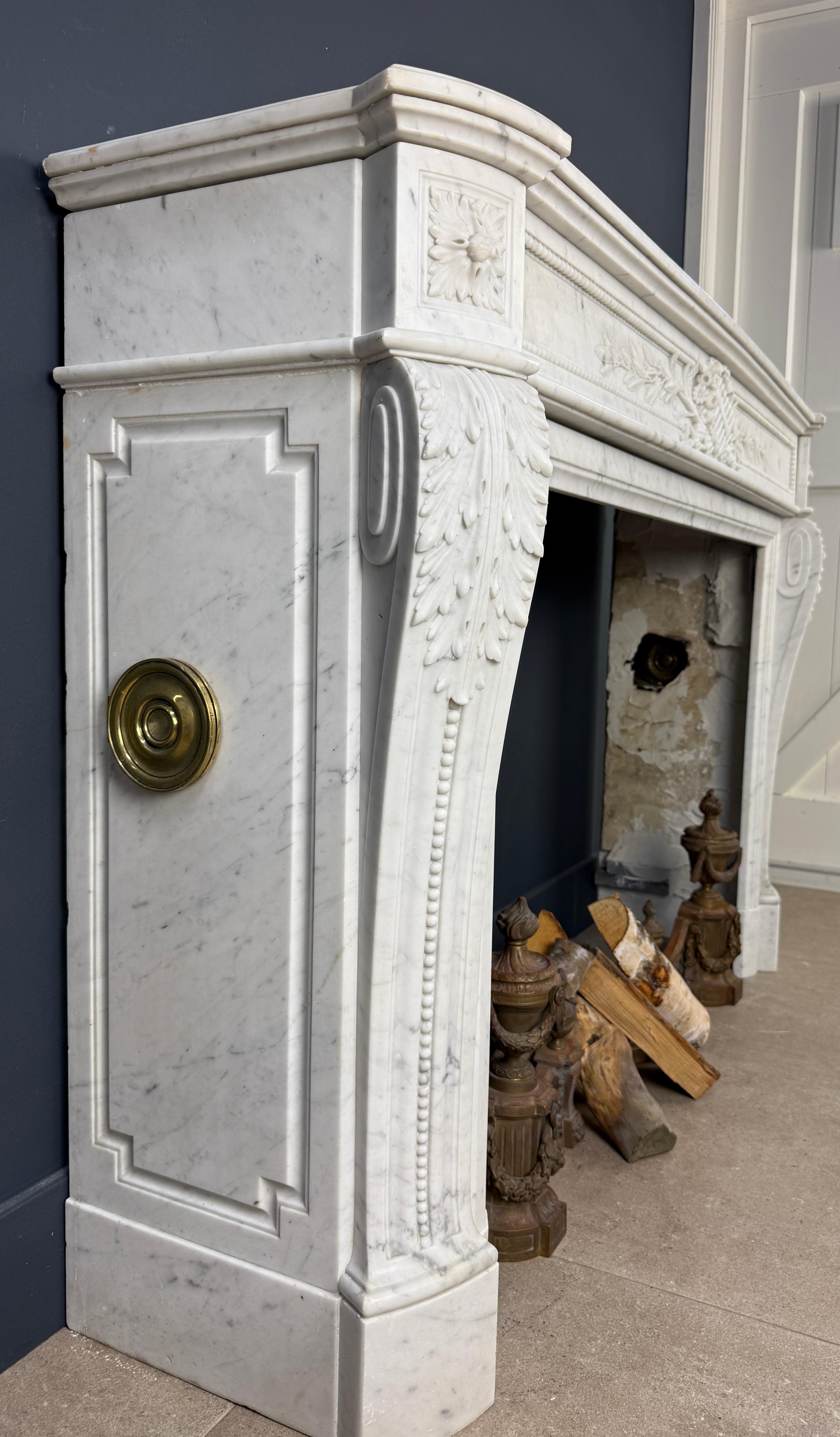 Luxurious French Louis XVI Fireplace Mantel in Carrara Marble with Rich Ornament For Sale 6
