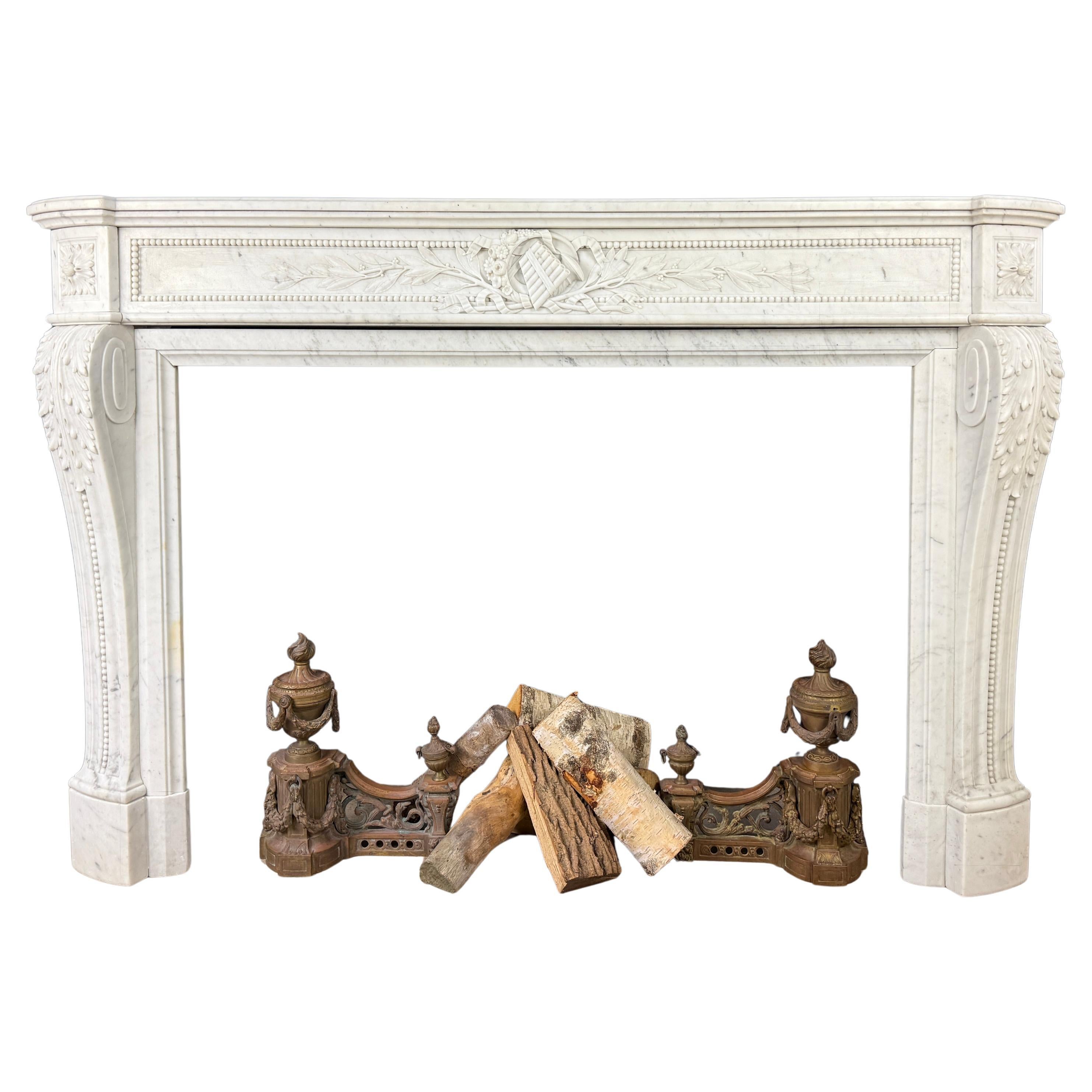 Luxurious French Louis XVI Fireplace Mantel in Carrara Marble with Rich Ornament For Sale