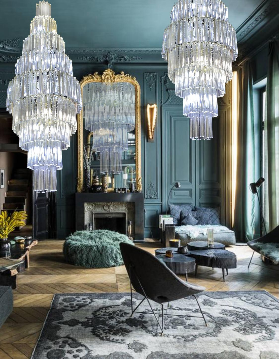 Late 20th Century Luxurious Giant Triedri chandeliers, Murano, 1980s.