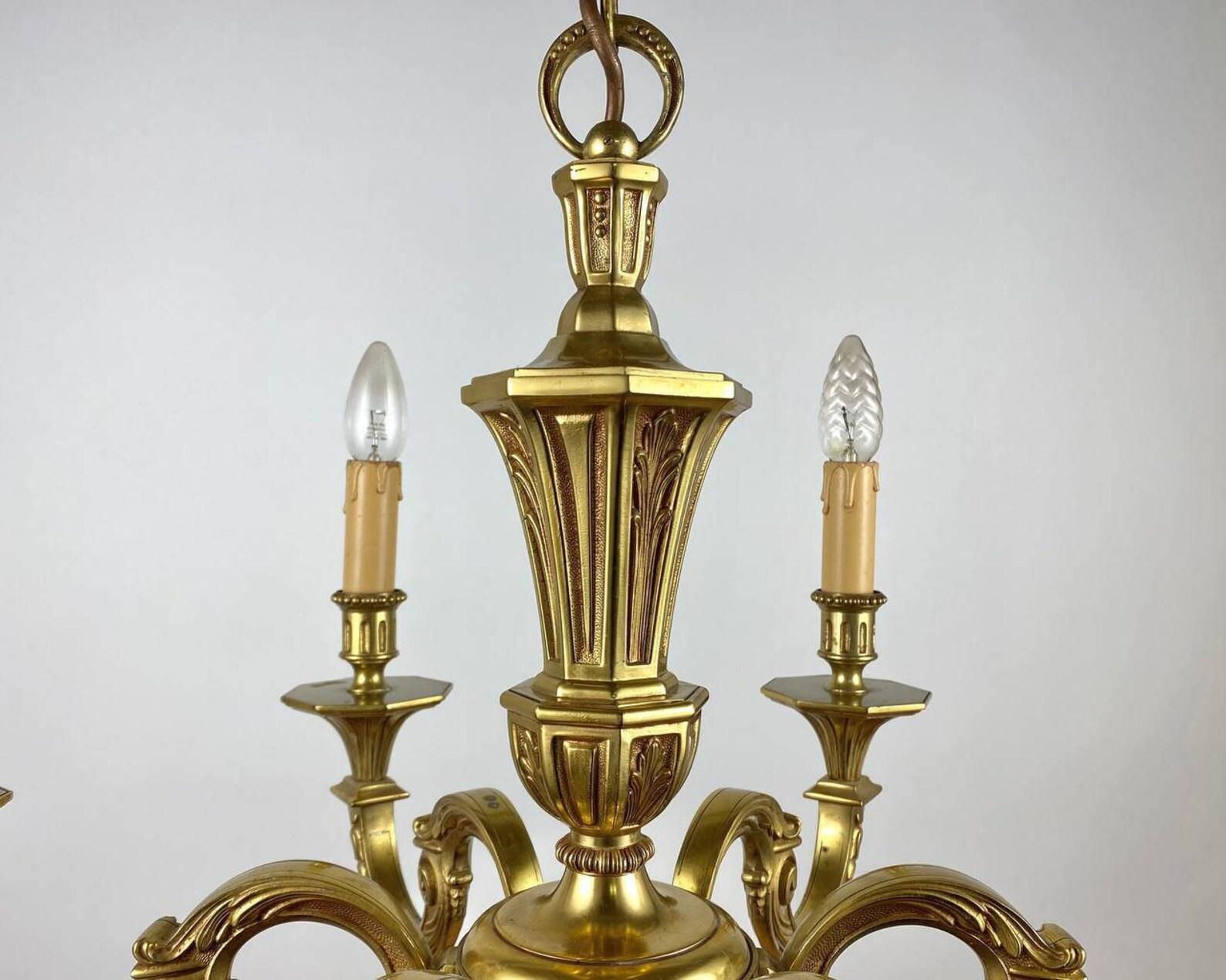 Luxurious Gilt Bronze Chandelier French Bronze Light Suspension, 1960s For Sale 4