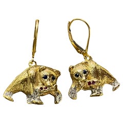 Luxurious Gold Bear Dangle Earrings with Sapphire and Ruby