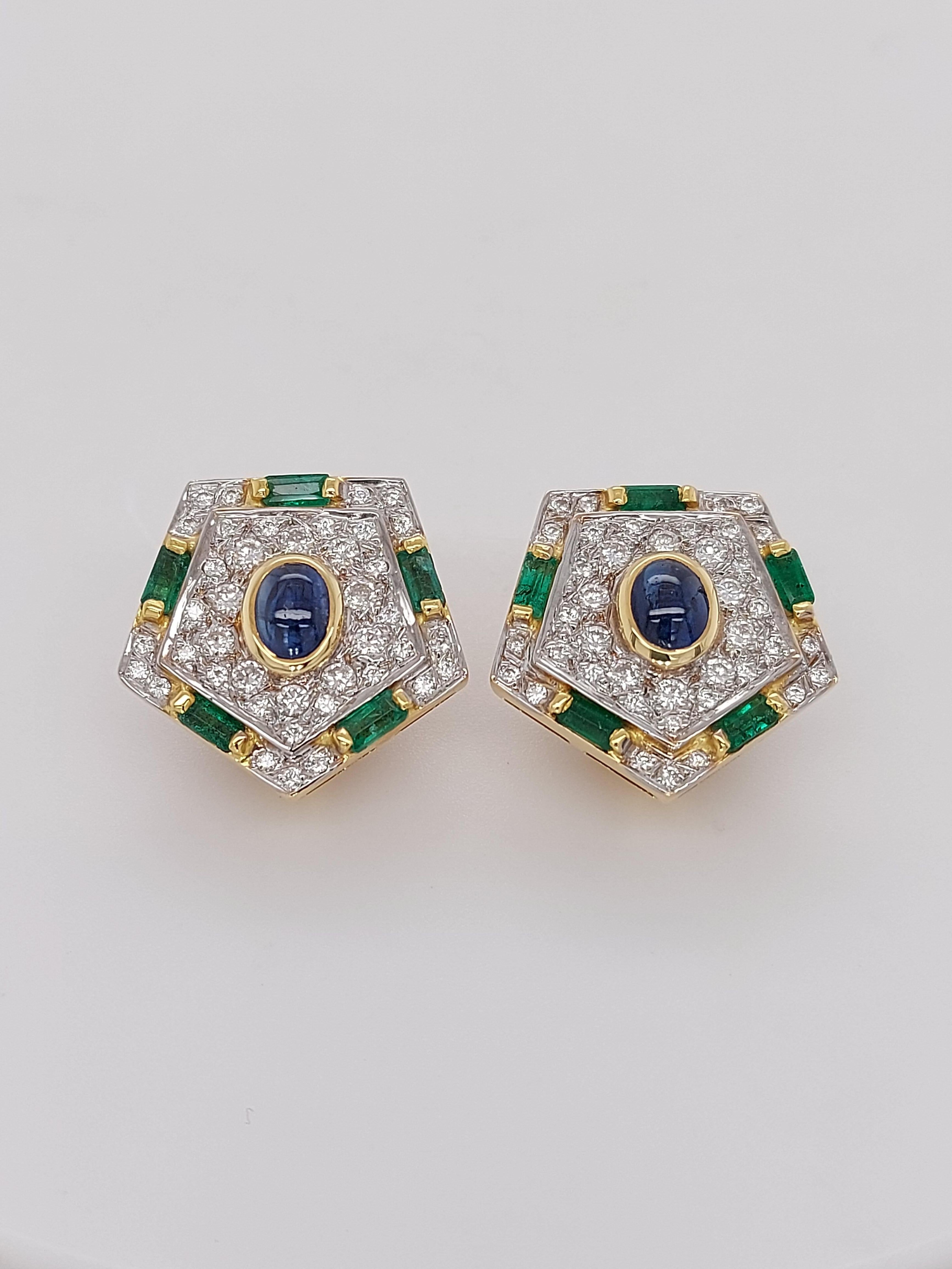 Luxurious Gold Clip-On Earrings With Diamonds, Emerald and Cabochon Sapphire For Sale 4