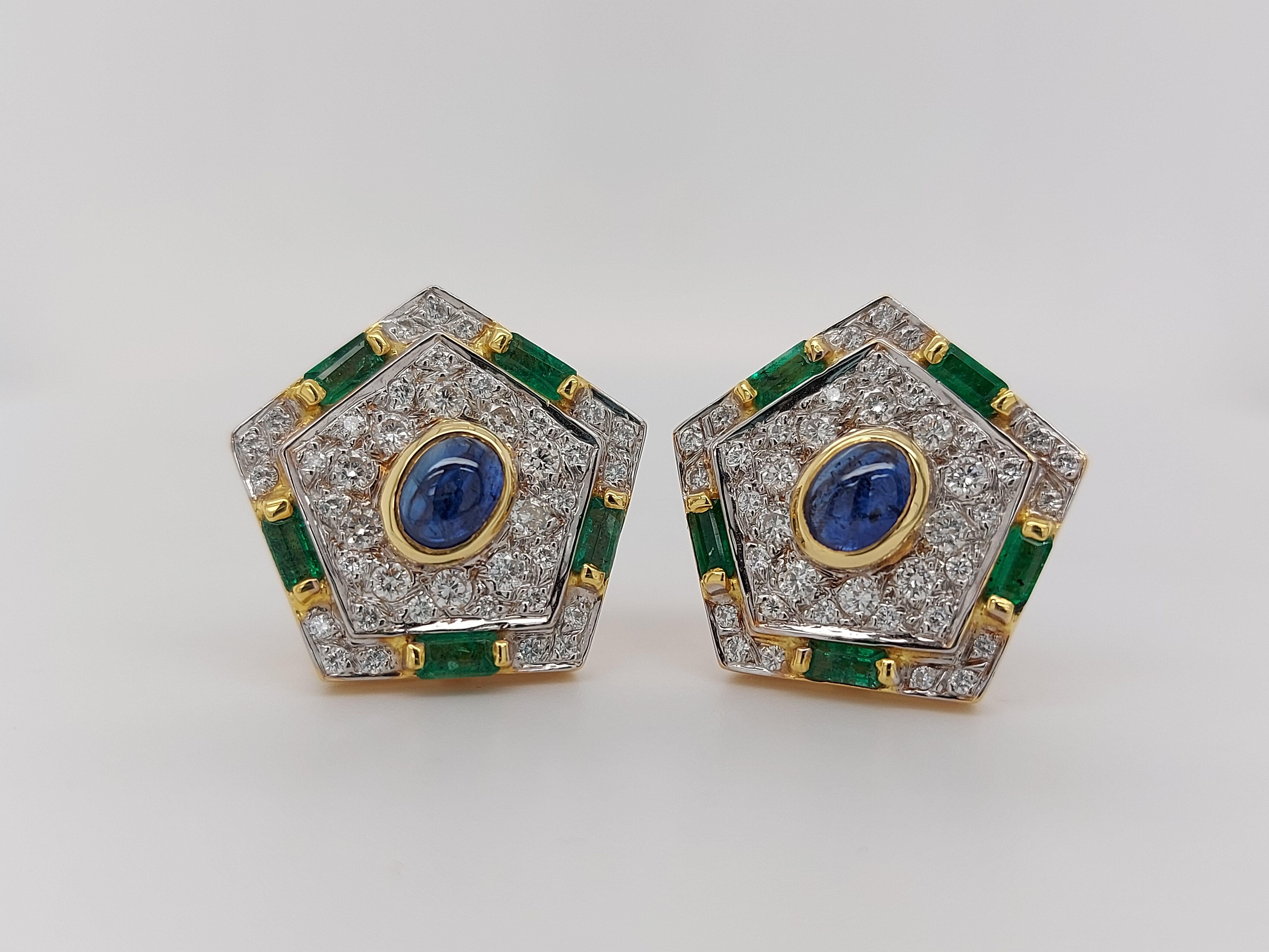 Luxurious Gold Clip-On Earrings With Diamonds, Emerald and Cabochon Sapphire For Sale 5