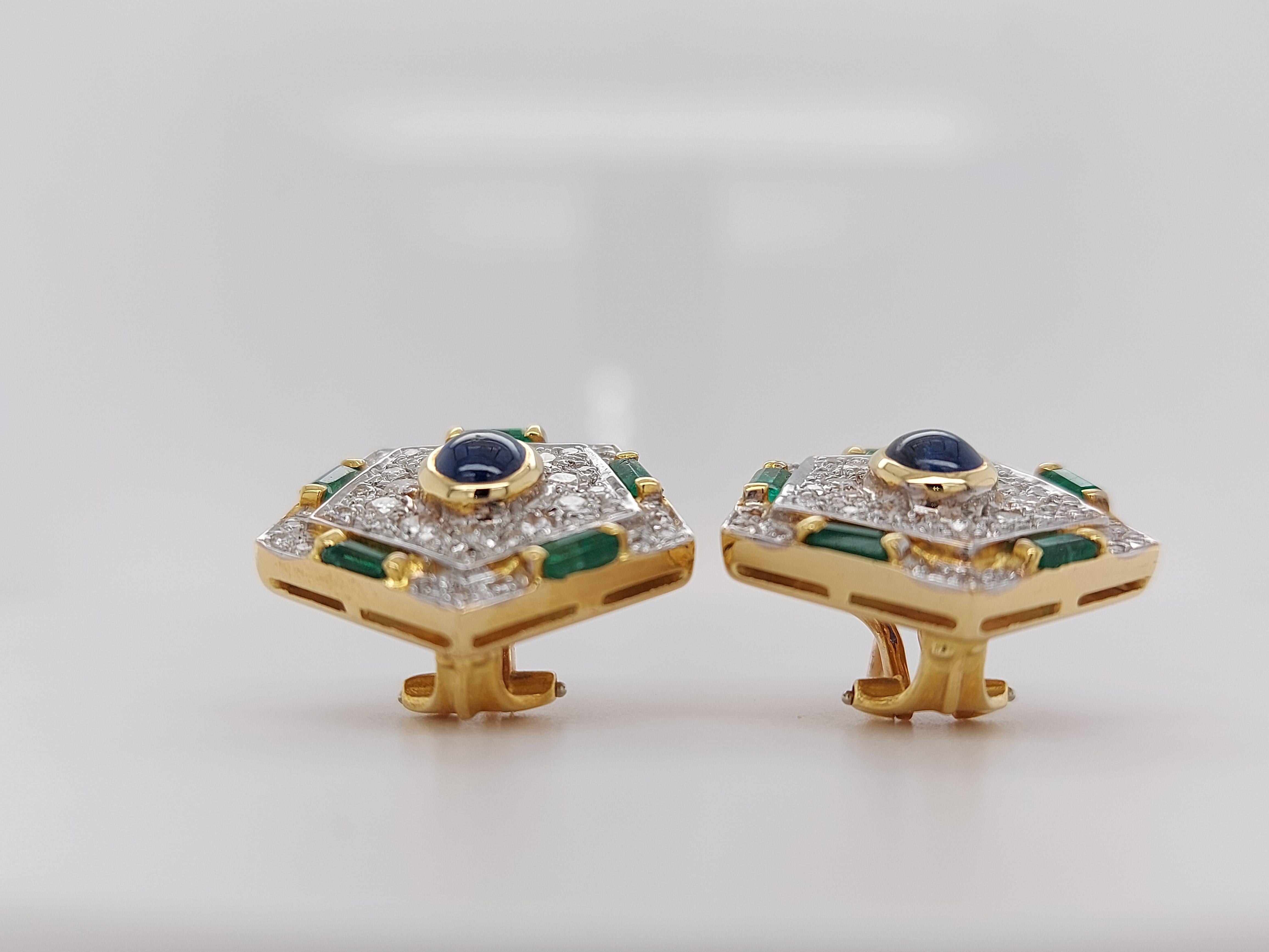 Luxurious Gold Clip-On Earrings With Diamonds, Emerald and Cabochon Sapphire For Sale 6