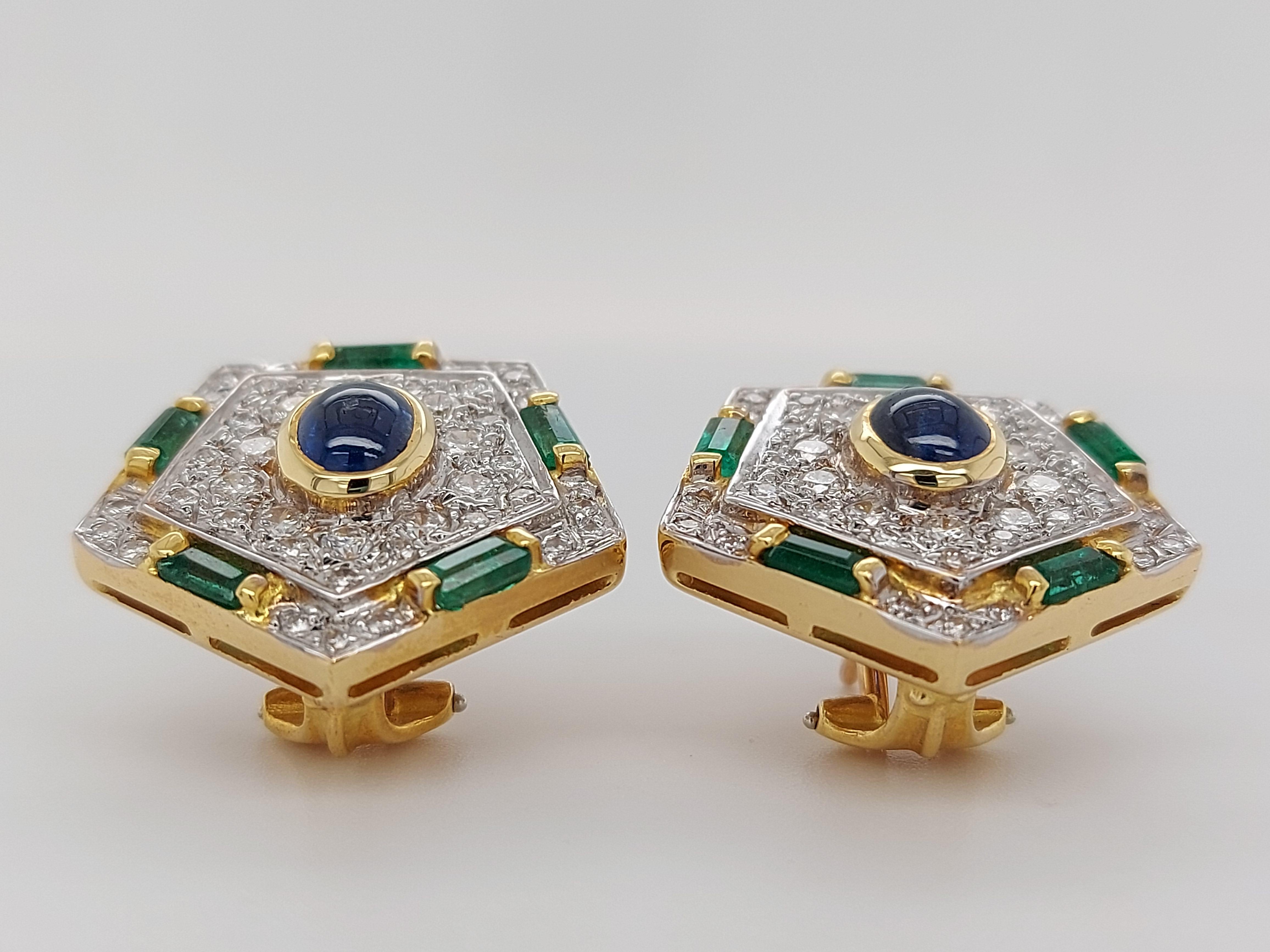 Luxurious Gold Clip-On Earrings With Diamonds, Emerald and Cabochon Sapphire For Sale 7