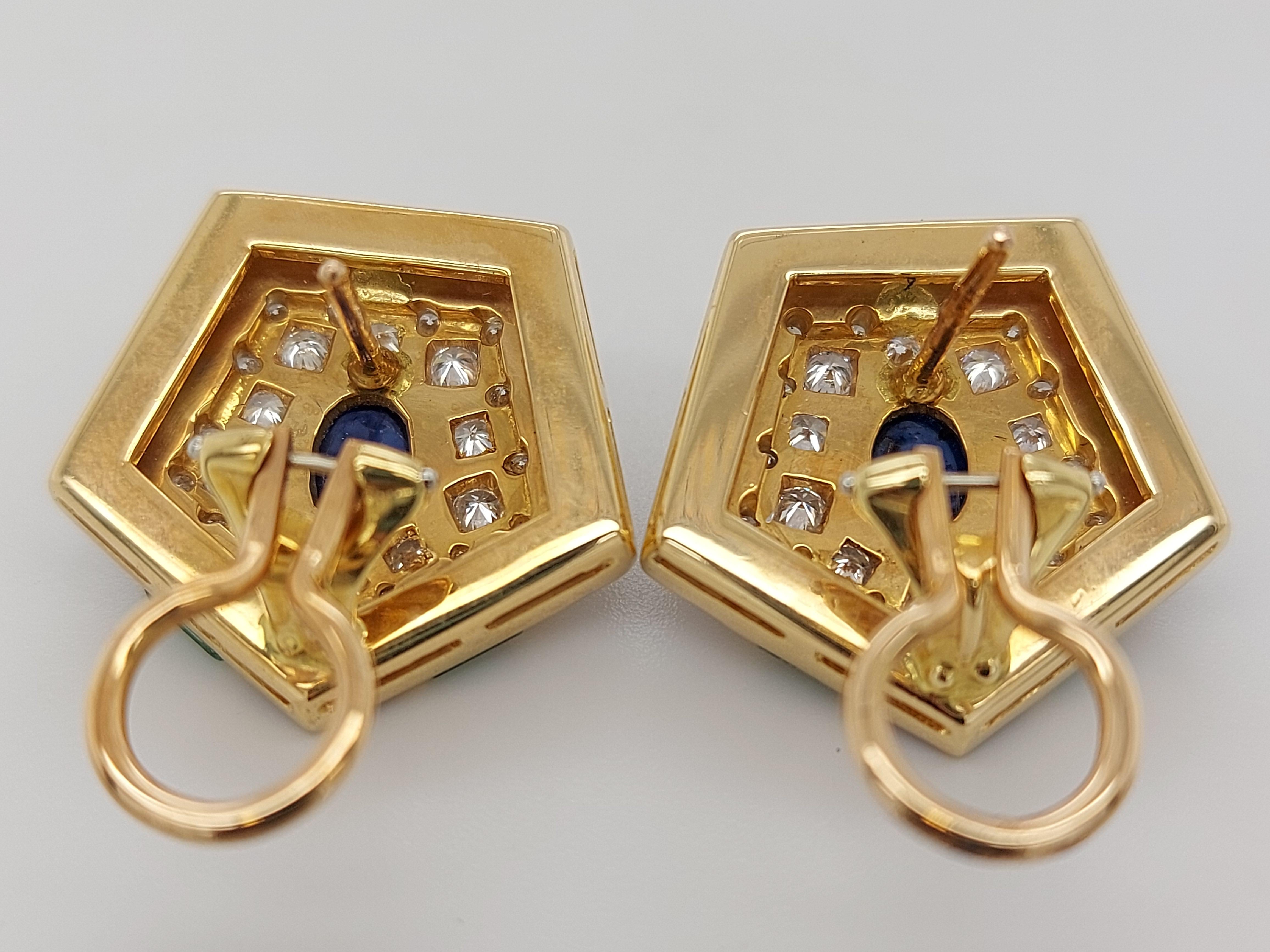 Luxurious Gold Clip-On Earrings With Diamonds, Emerald and Cabochon Sapphire For Sale 9