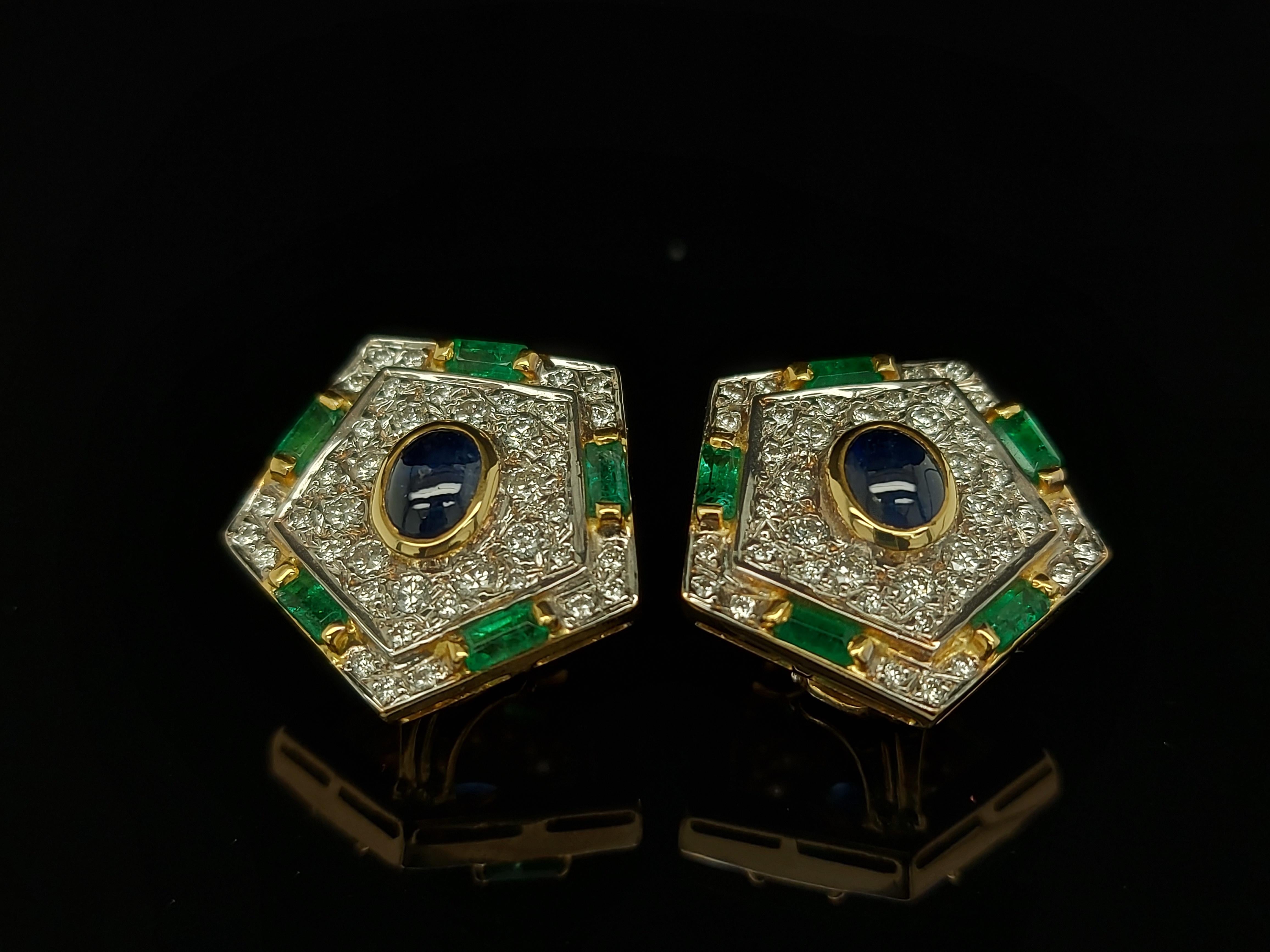 Artisan Luxurious Gold Clip-On Earrings With Diamonds, Emerald and Cabochon Sapphire For Sale