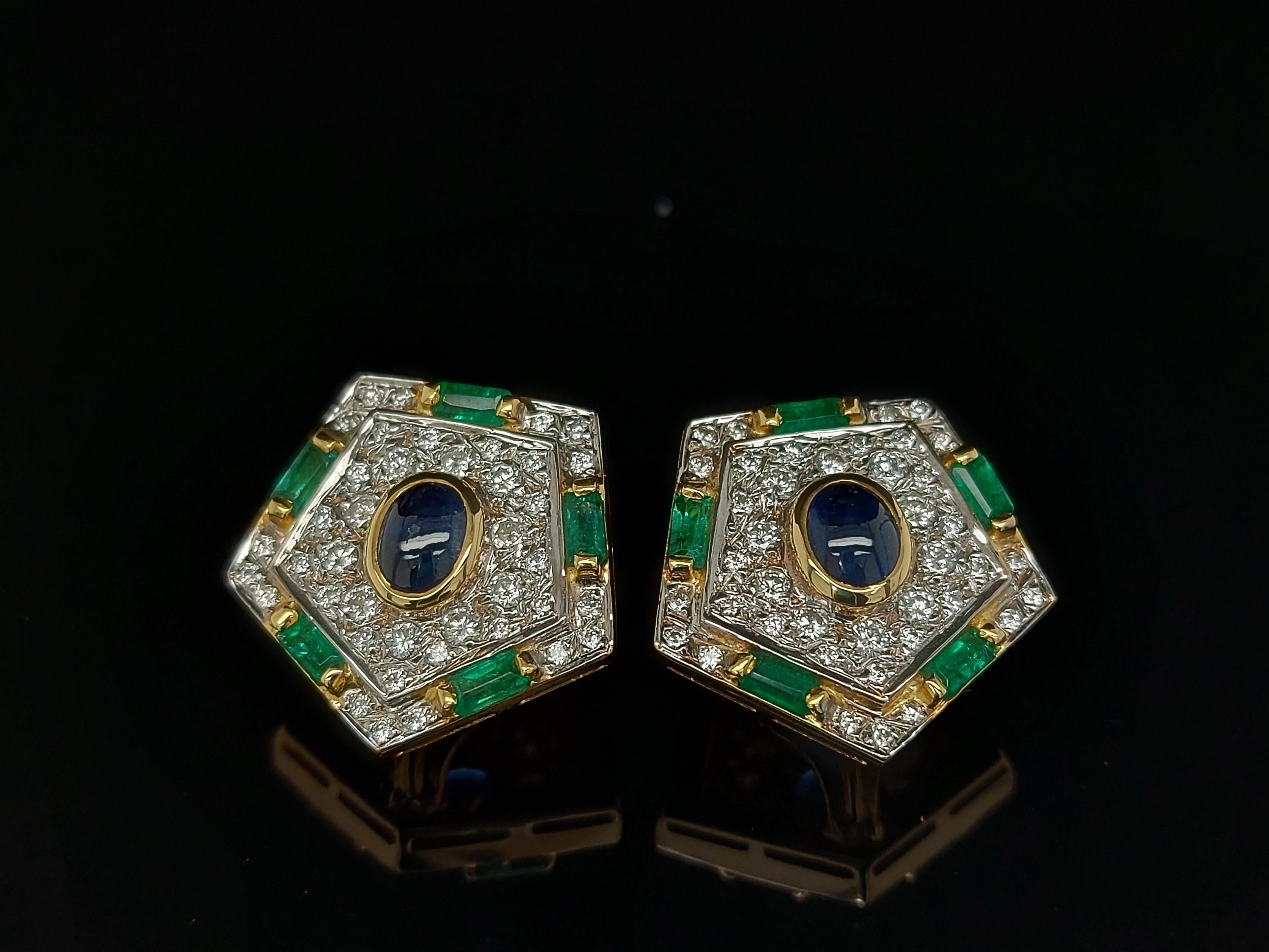 Women's Luxurious Gold Clip-On Earrings With Diamonds, Emerald and Cabochon Sapphire For Sale