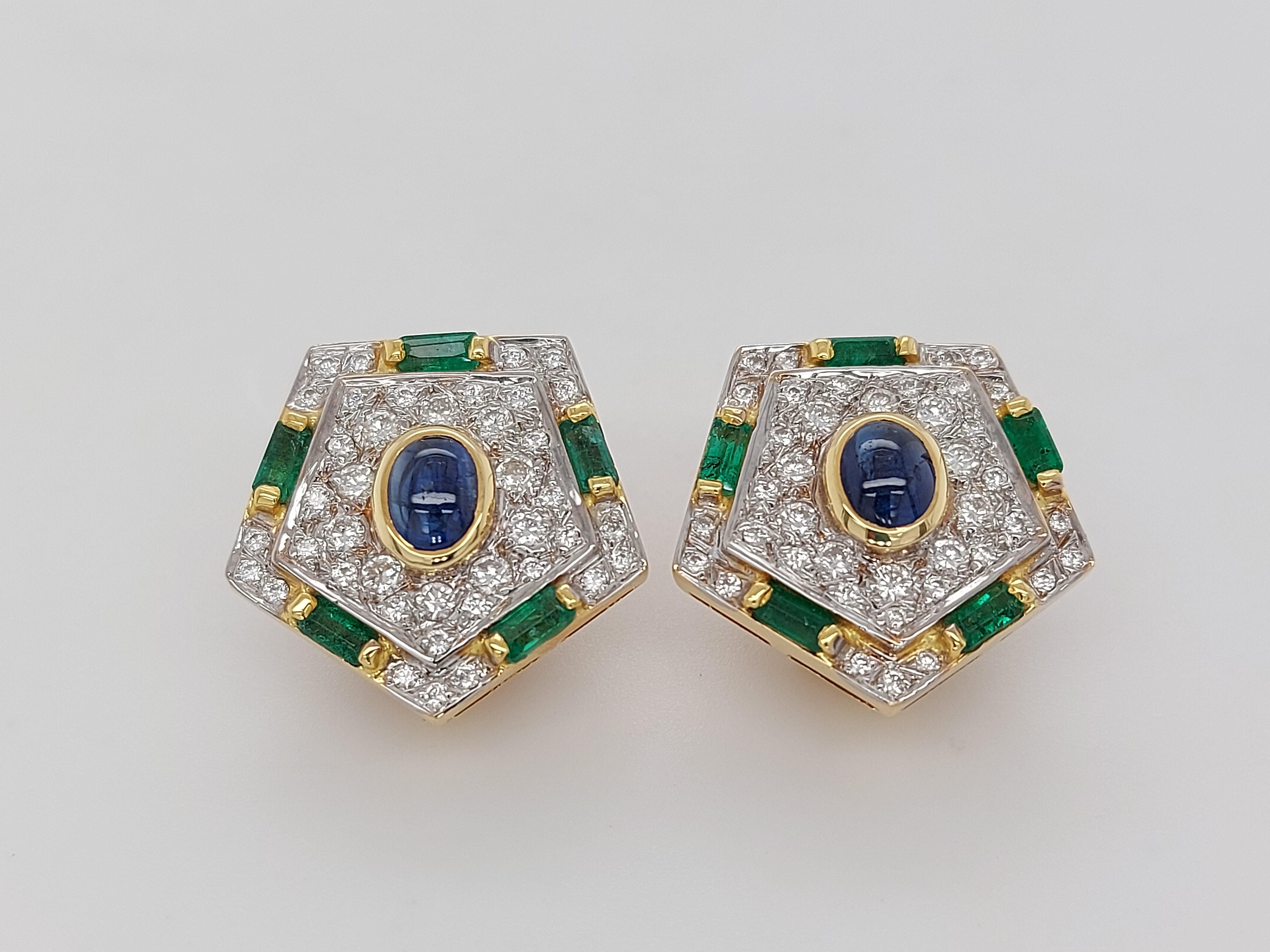 Luxurious Gold Clip-On Earrings With Diamonds, Emerald and Cabochon Sapphire For Sale 2