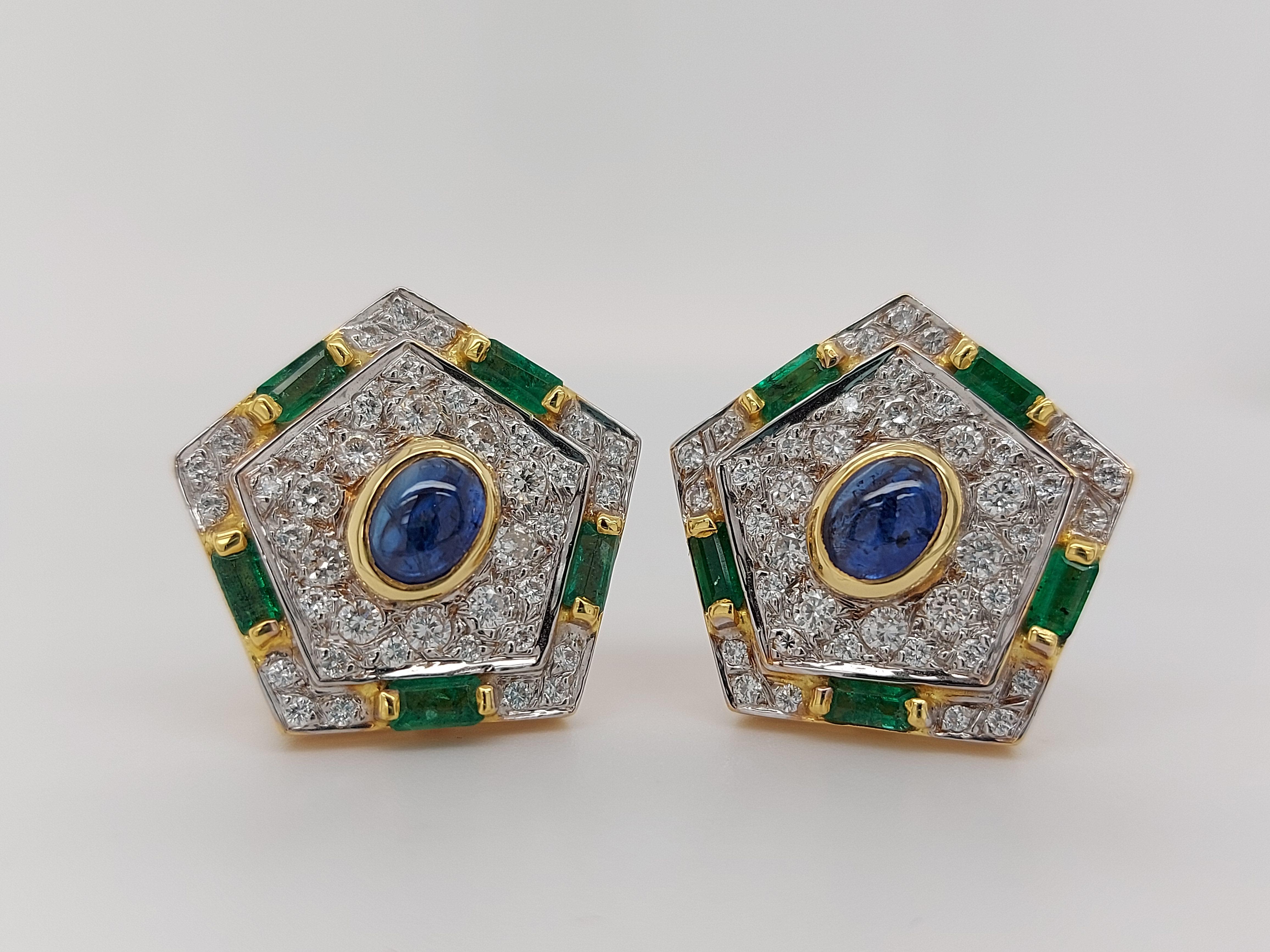 Luxurious Gold Clip-On Earrings With Diamonds, Emerald and Cabochon Sapphire For Sale 3