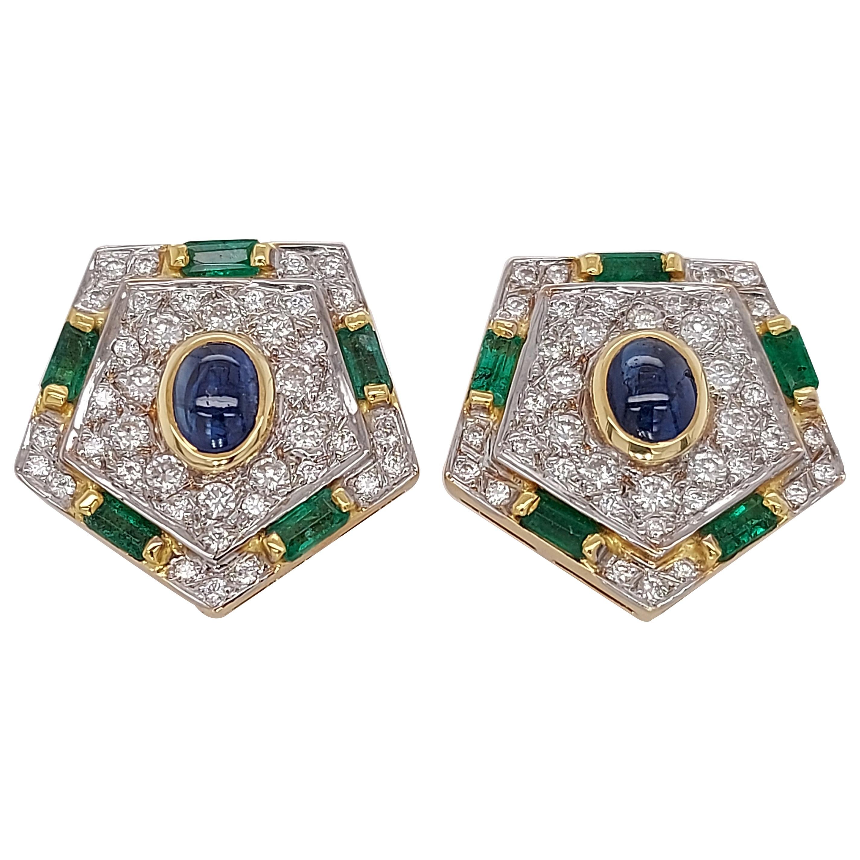 Luxurious Gold Clip-On Earrings With Diamonds, Emerald and Cabochon Sapphire For Sale