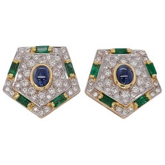 Vintage Luxurious Gold Clip-On Earrings With Diamonds, Emerald and Cabochon Sapphire