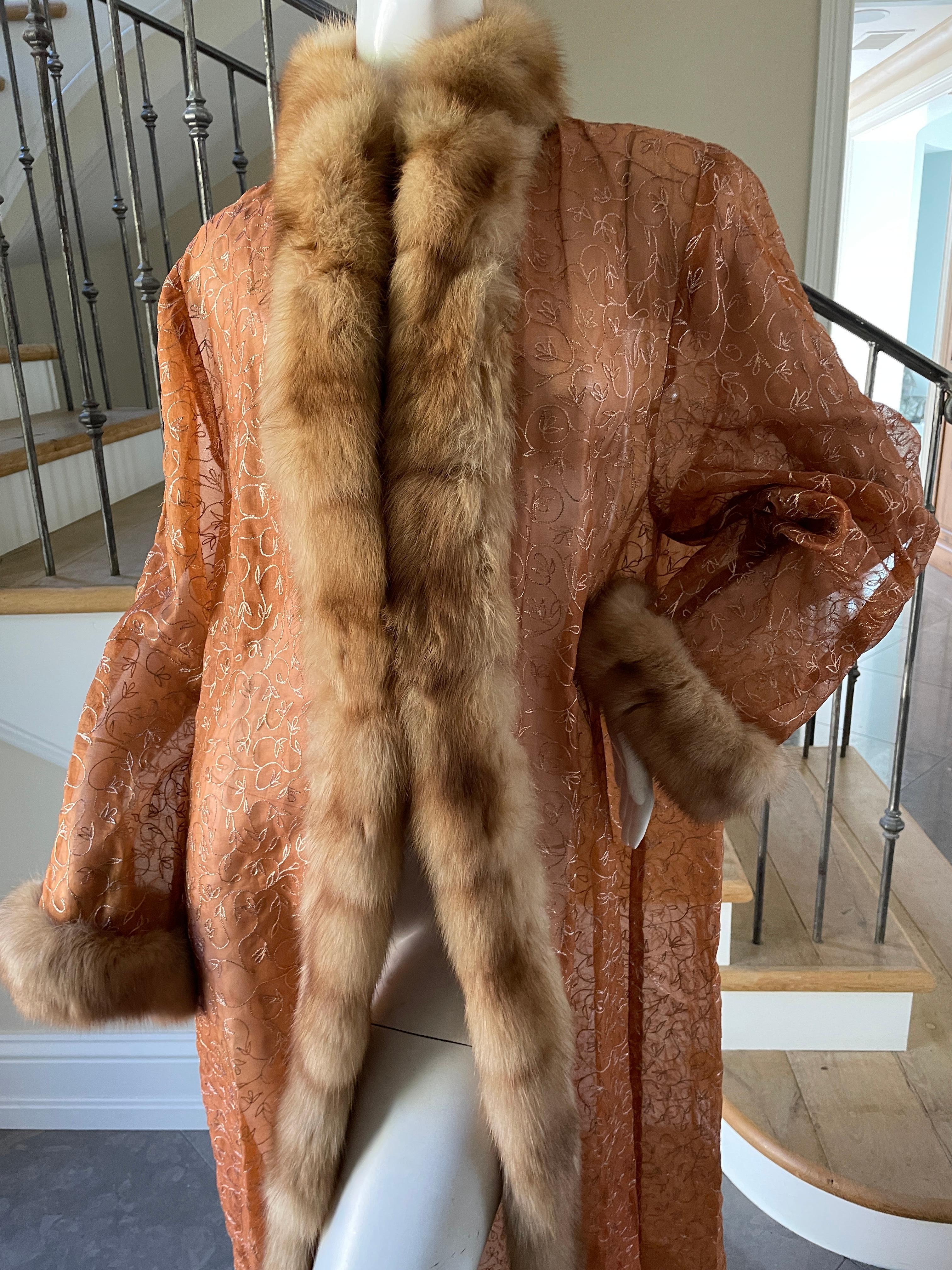 Luxurious Golden Russian Sable Trim Sheer Evening Coat or Robe by Zuki 
Made in Canada, this is a sheer netting with gold embroidery edged in golden sable.
It is quite large and could be worn by a man, elegant dressing gown.
Bust 48