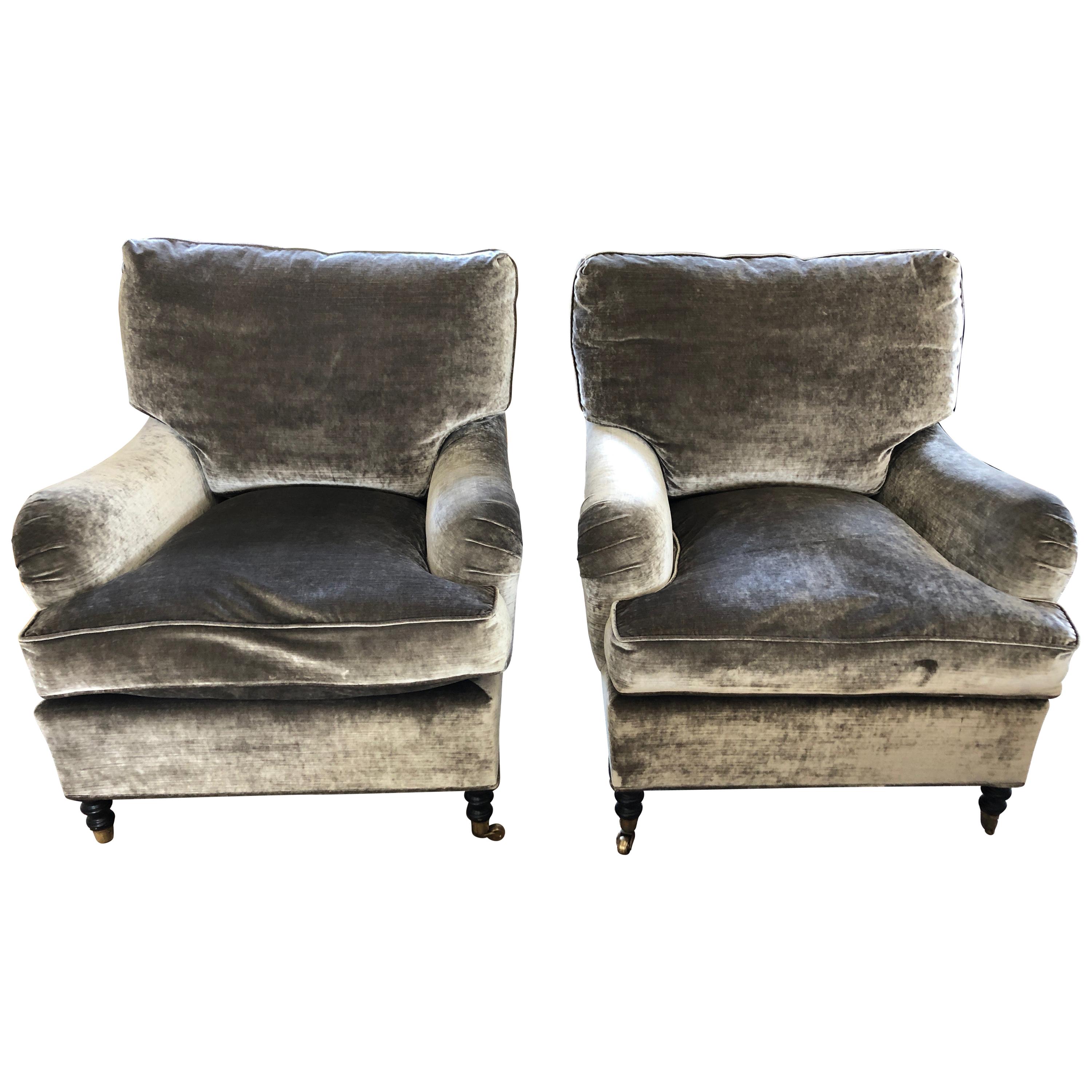 Luxurious George Smith Grey Velvet Mohair Club Chairs 