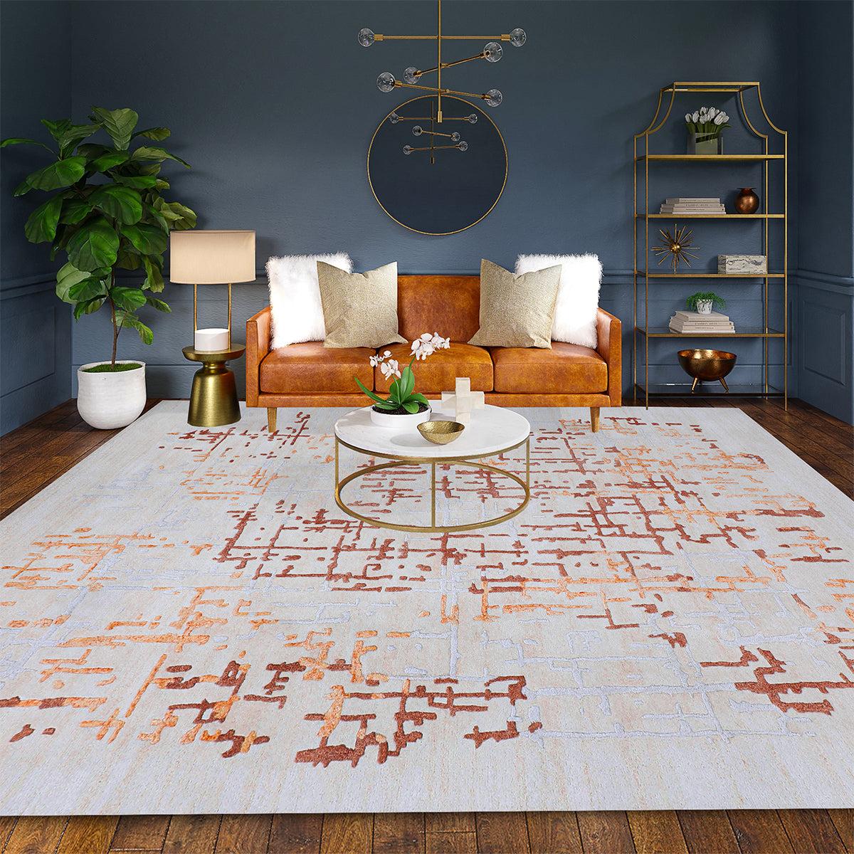 Indien Luxueux tapis artisanal ivoire/orange 4''x6''. en vente