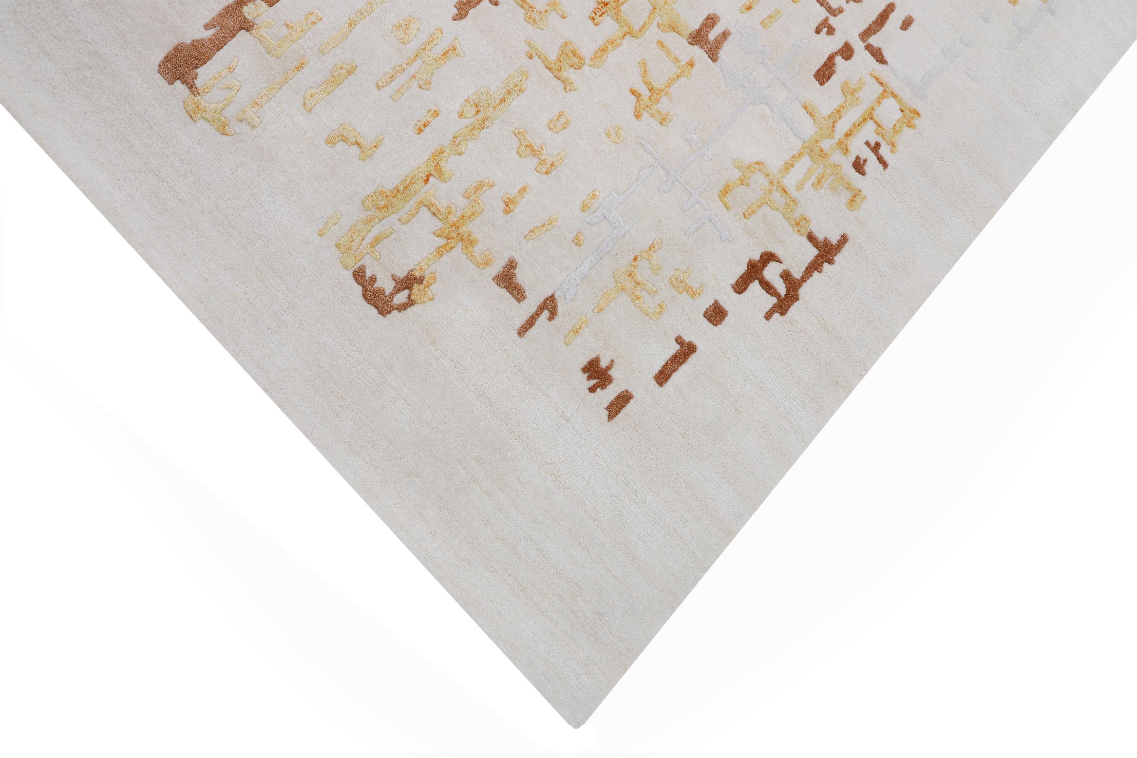 Donnez de la hauteur à une pièce avec ces tapis de style contemporain.  Ce design moderne orange et ivoire, ainsi que l'utilisation de laine et de viscose, créent un effet doux et subtil avec un motif qui brille à la lumière.