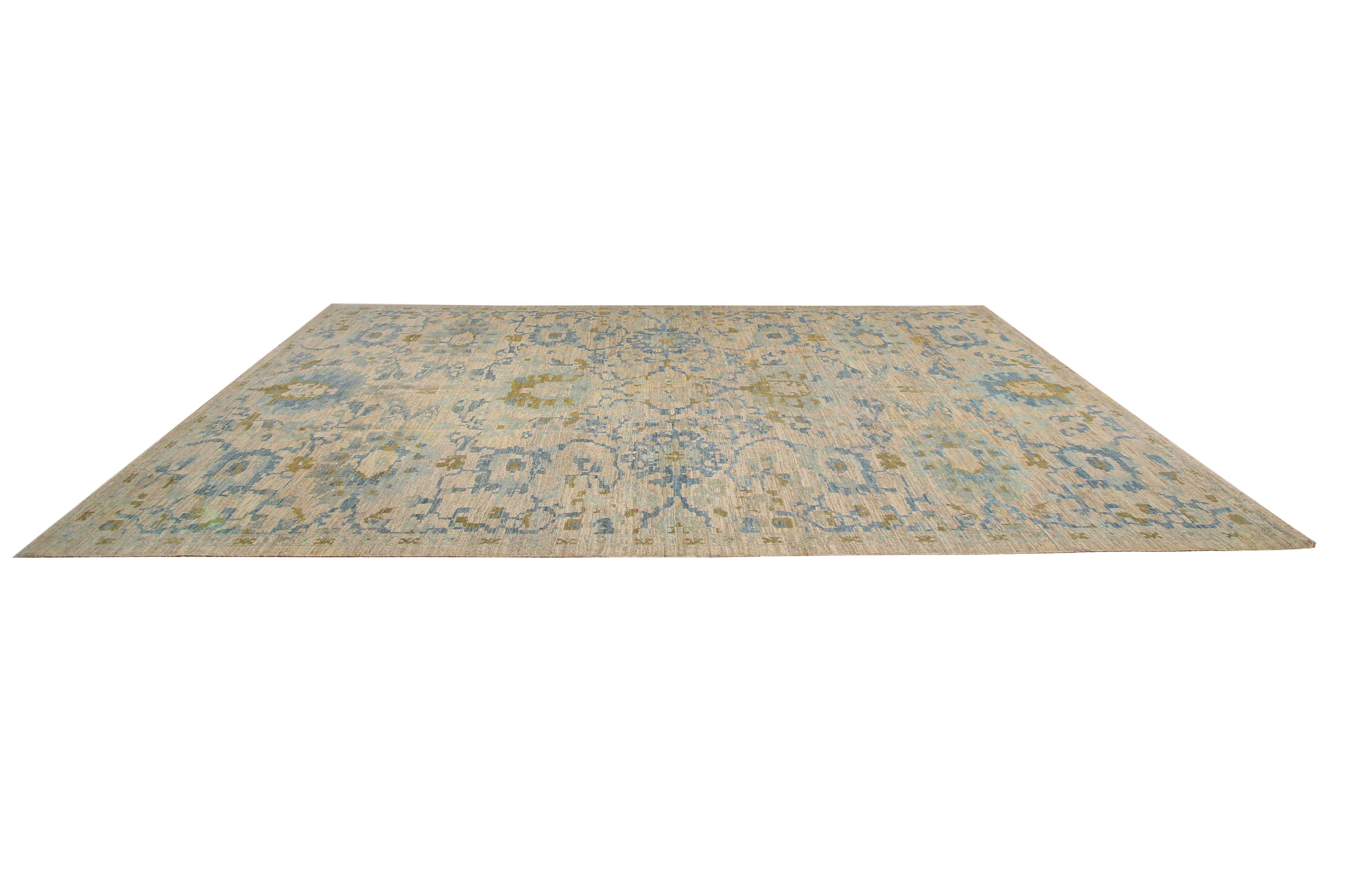 Hand-Woven Luxurious Handmade Sultanabad Rug - Modern Design, Blue and Green Tones - 9'6''  For Sale