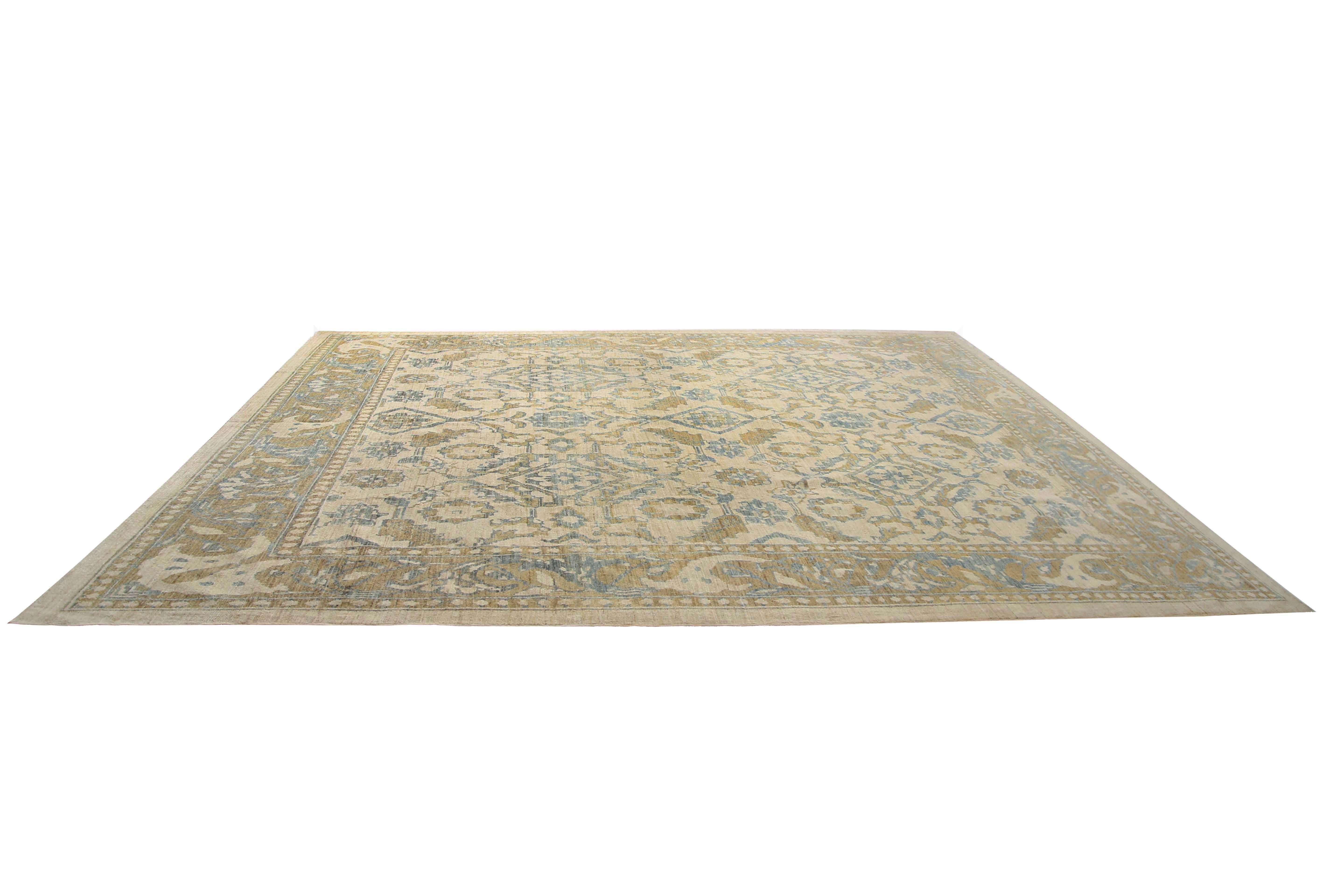 Luxurious Handmade Sultanabad Rug - Transitional Design, Blue, Green, and Yellow For Sale 5