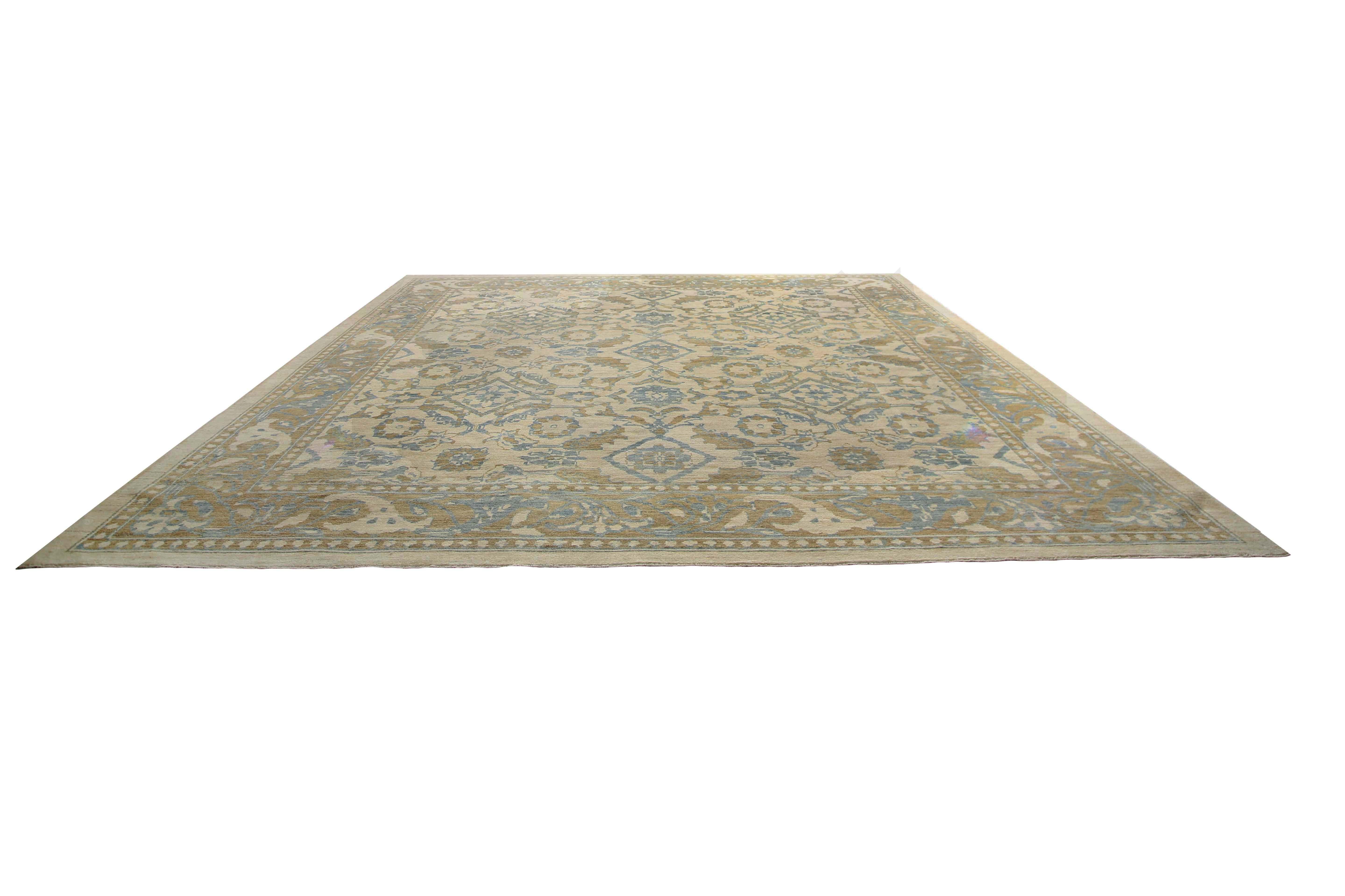 Luxurious Handmade Sultanabad Rug - Transitional Design, Blue, Green, and Yellow For Sale 2