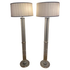 Luxurious Heavy Pair of Hollywood Regency Crystal and Silver Metal Floor Lamps