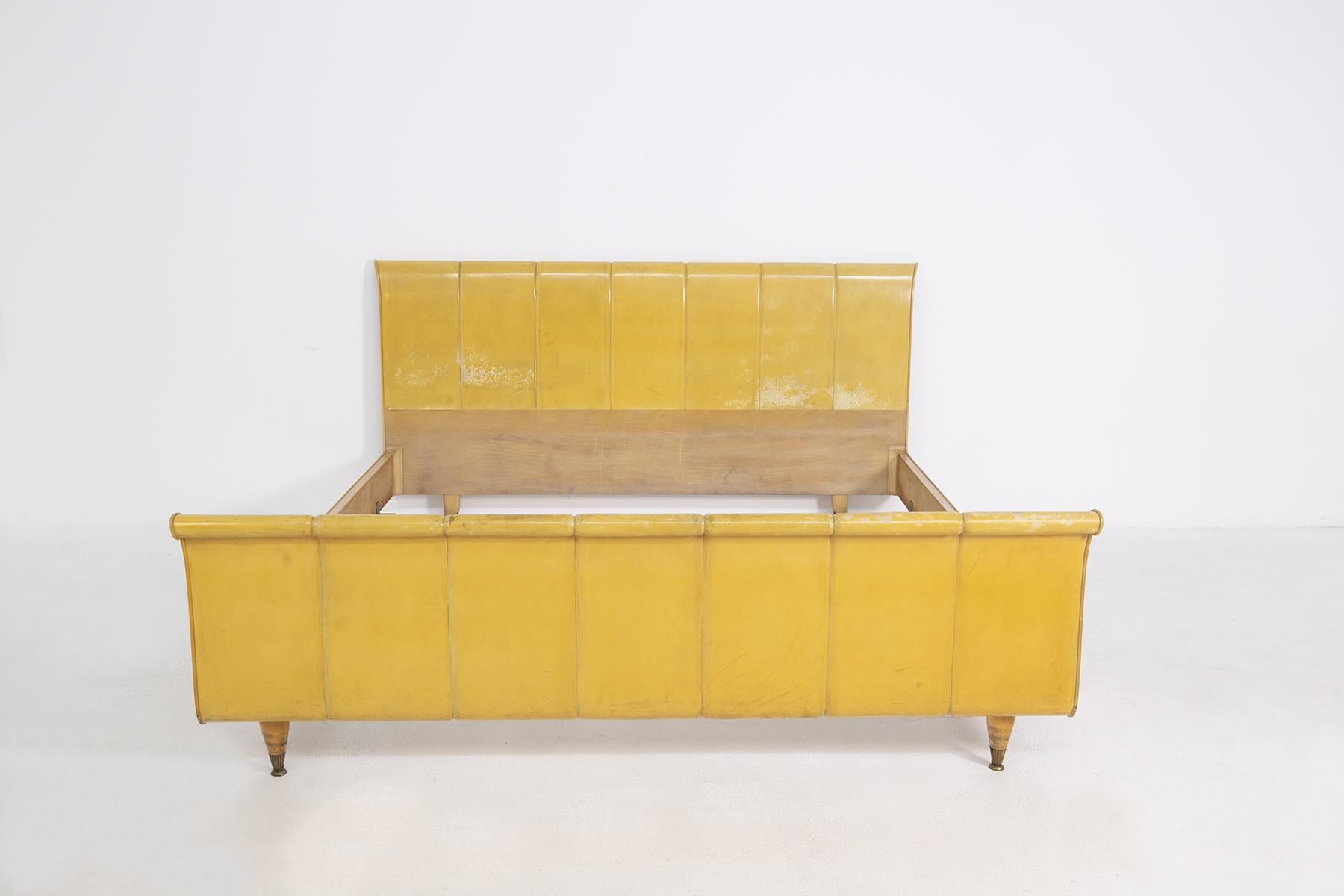 Mid-Century Modern Luxurious Italian Bed in Yellow Parchment, Wood and Brass