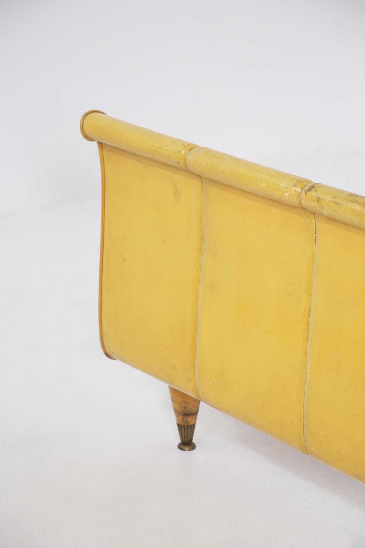Mid-20th Century Luxurious Italian Bed in Yellow Parchment, Wood and Brass