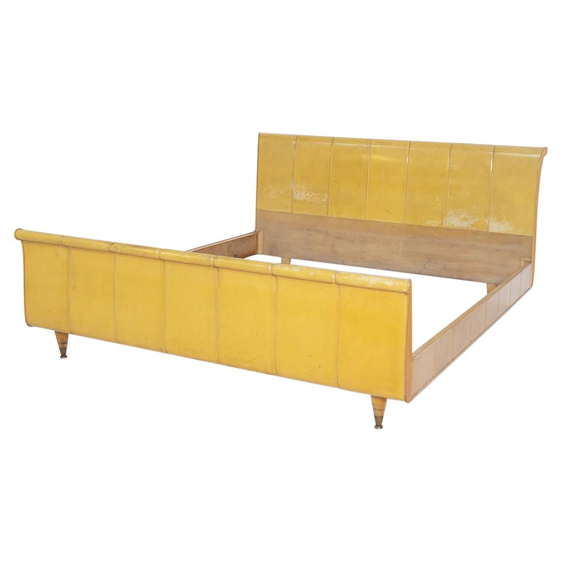 Luxurious Italian Bed in Yellow Parchment, Wood and Brass
