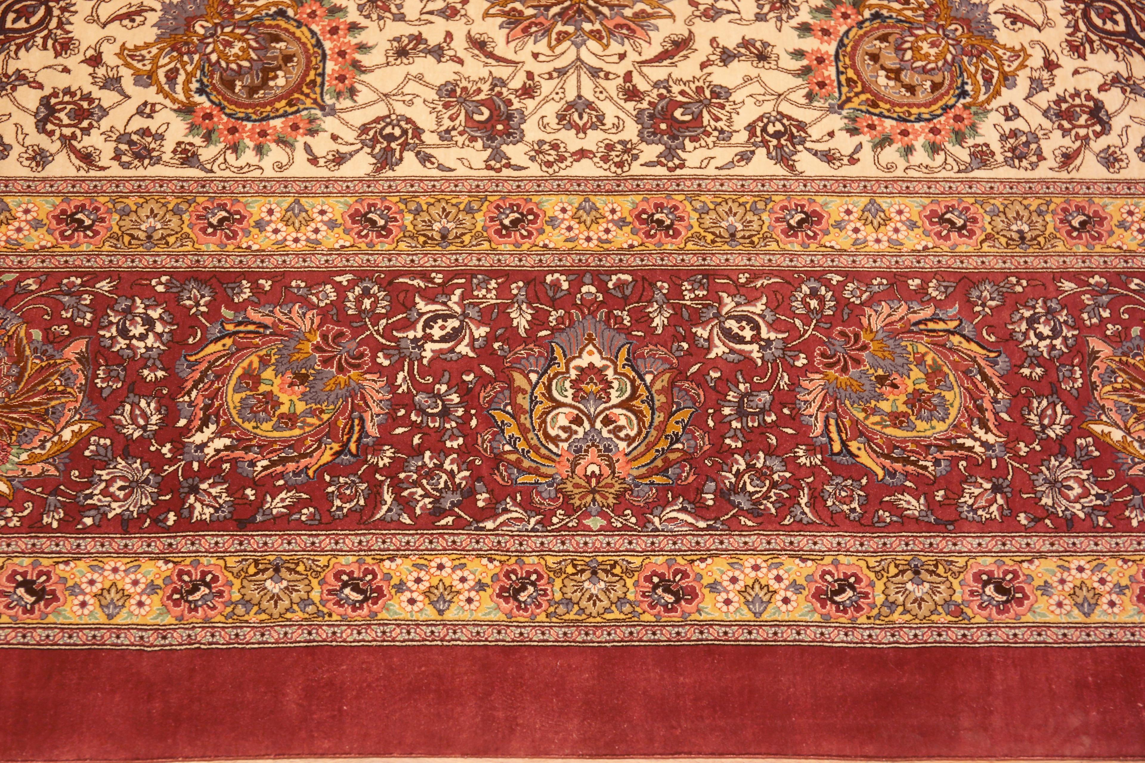 Luxurious Ivory Allover Floral Fine Vintage Silk Persian Qum Rug 10' x 13'9
