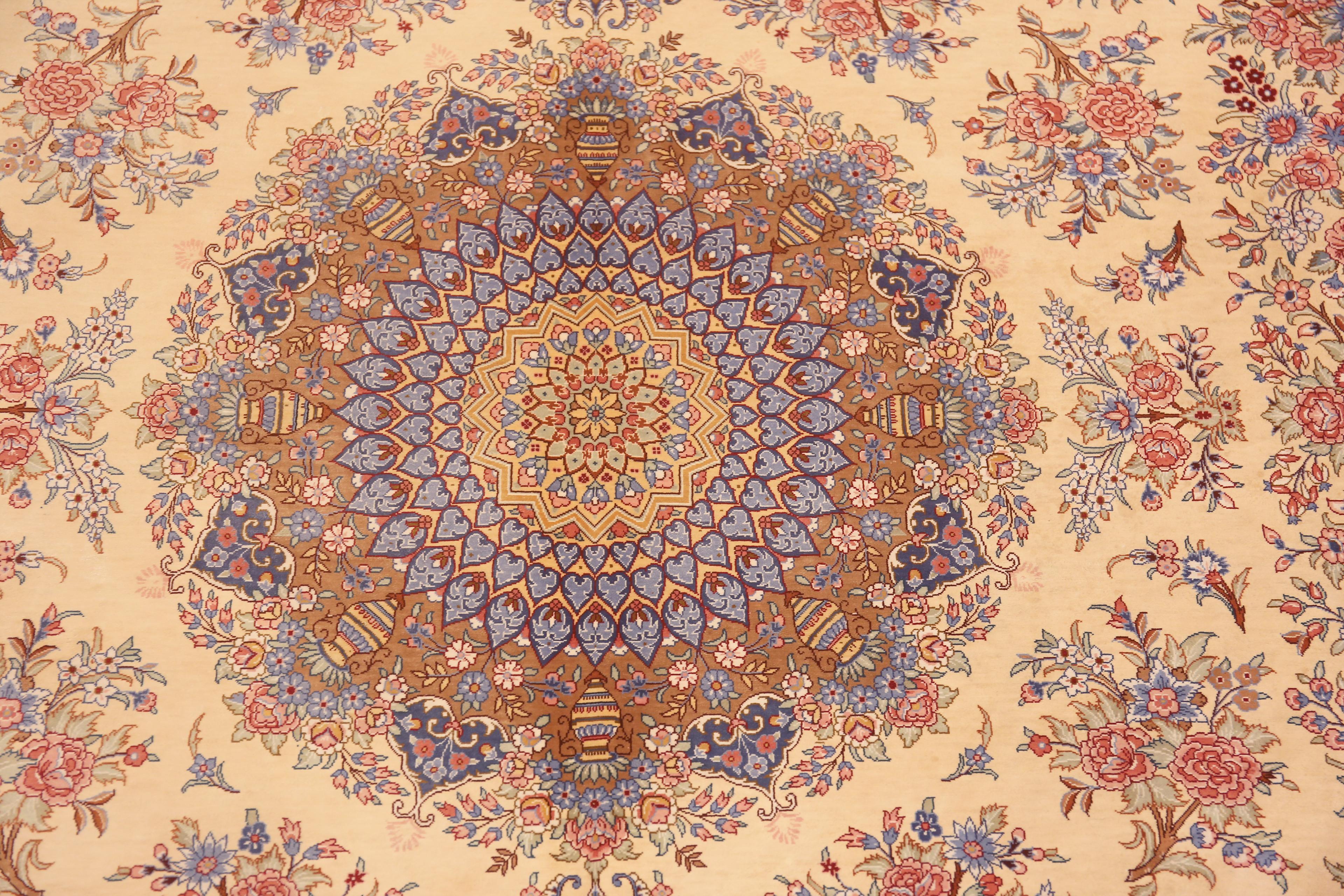 Luxurious Fine Ivory Vintage Persian Silk Floral Gonbad Design Qum Rug, country of origin: Persian Rugs, Circa date: Vintage