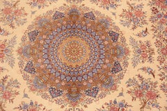 Luxurious Ivory Vintage Persian Silk Floral Gonbad Design Qum Rug 6'7" x 10'1"