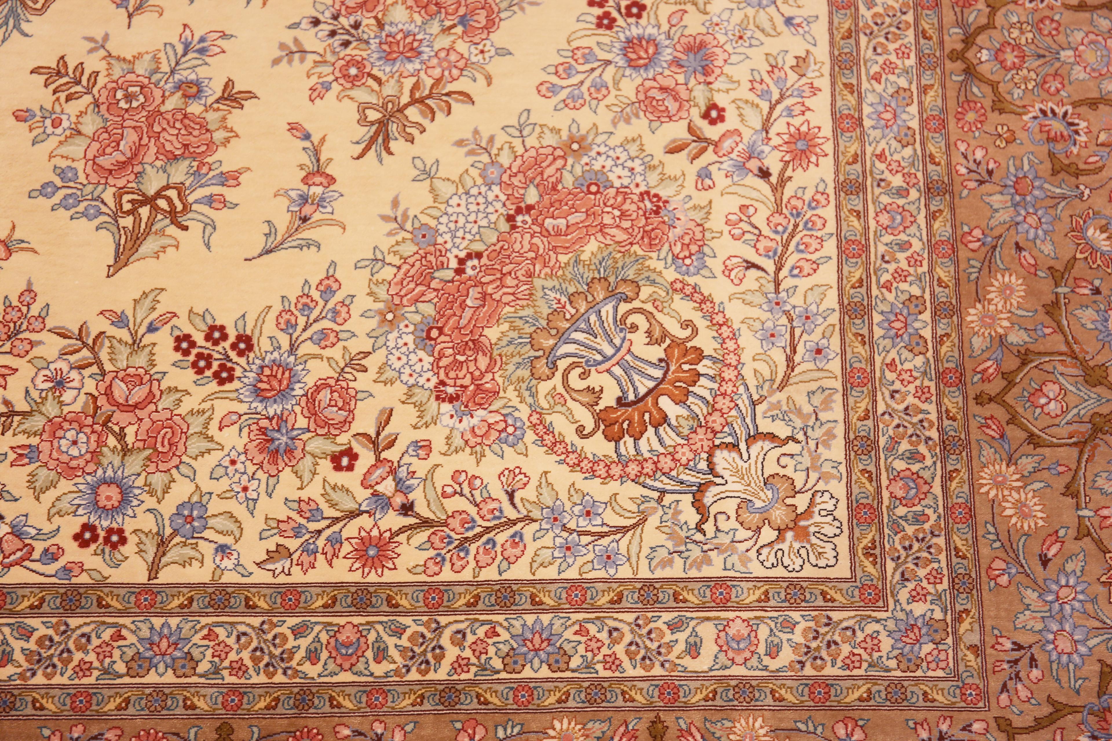 Luxurious Ivory Vintage Persian Silk Floral Gonbad Design Qum Rug 6'7