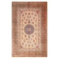 Luxurious Ivory Vintage Persian Silk Floral Gonbad Design Qum Rug 6'7" x 10'1"