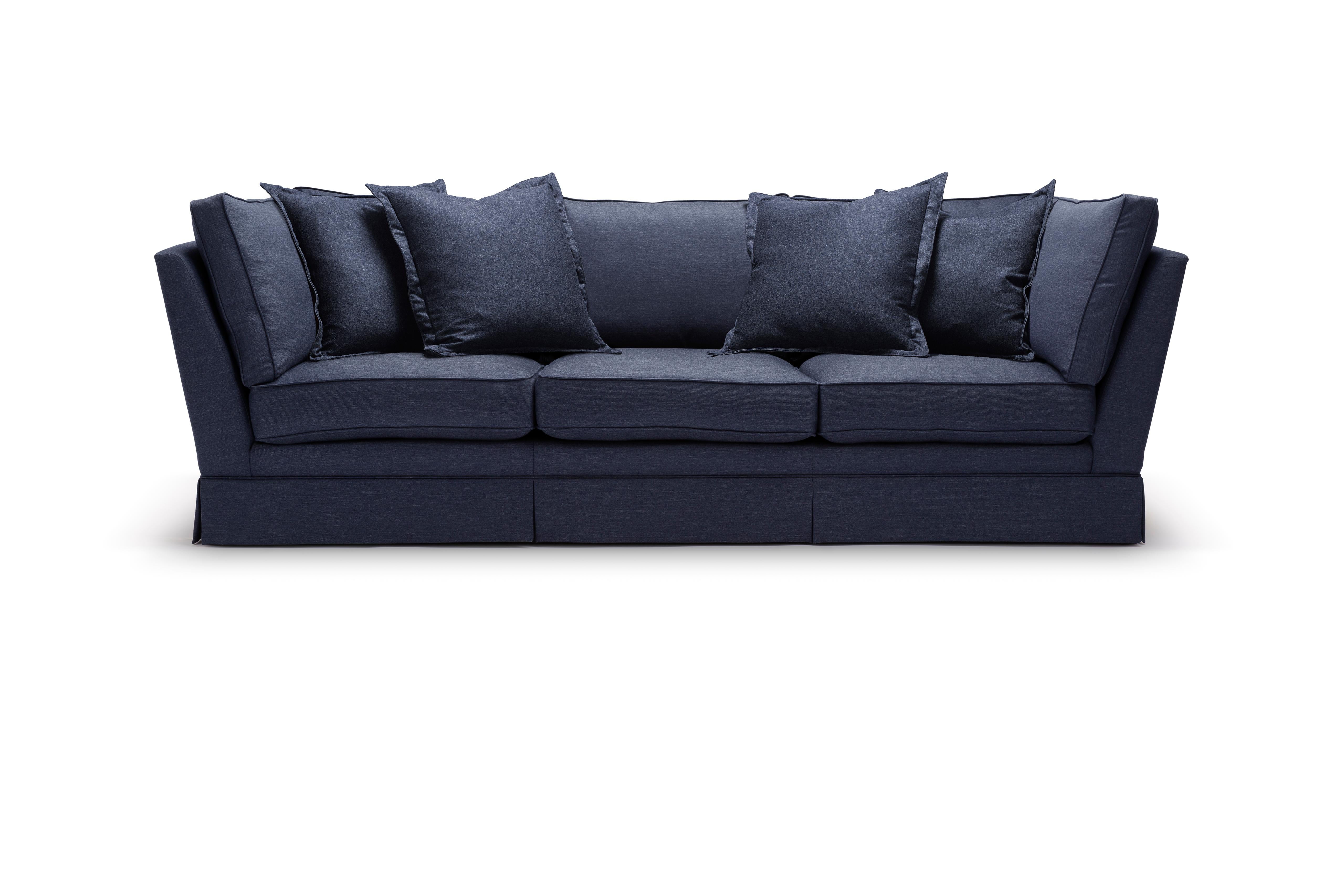 Modern Luxurious L shaped sofa tailored in British Wool Denim Blue Coil Sprung seat For Sale