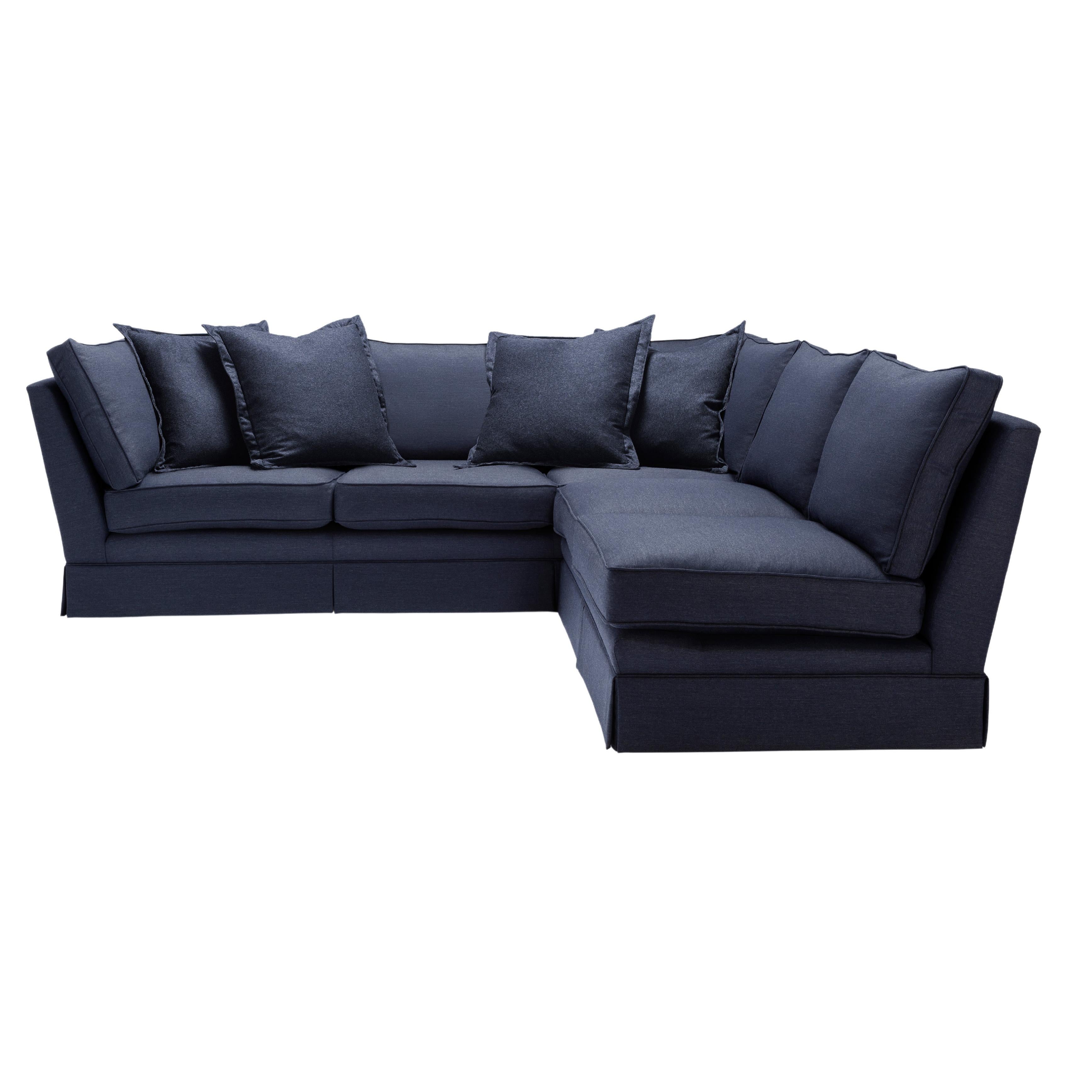 Luxurious L shaped sofa tailored in British Wool Denim Blue Coil Sprung seat