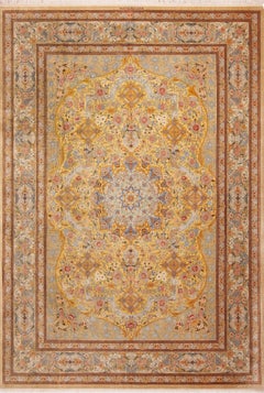 Luxurious Light Gold Fine Room Size Vintage Persian Silk Qum Rug 8'3" x 11'9"